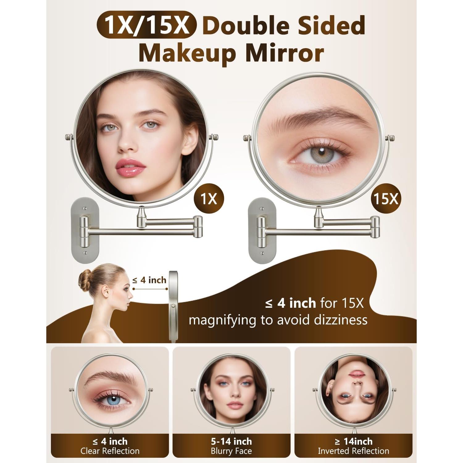 Espejo de Maquillaje Montado en Pared DECLUTTR 33cm 15X Doble Cara