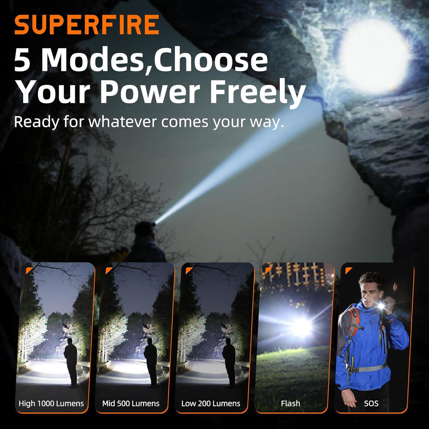 Linterna Frontal Recargable SuperFire TH04 600 Lúmenes 5 Modos