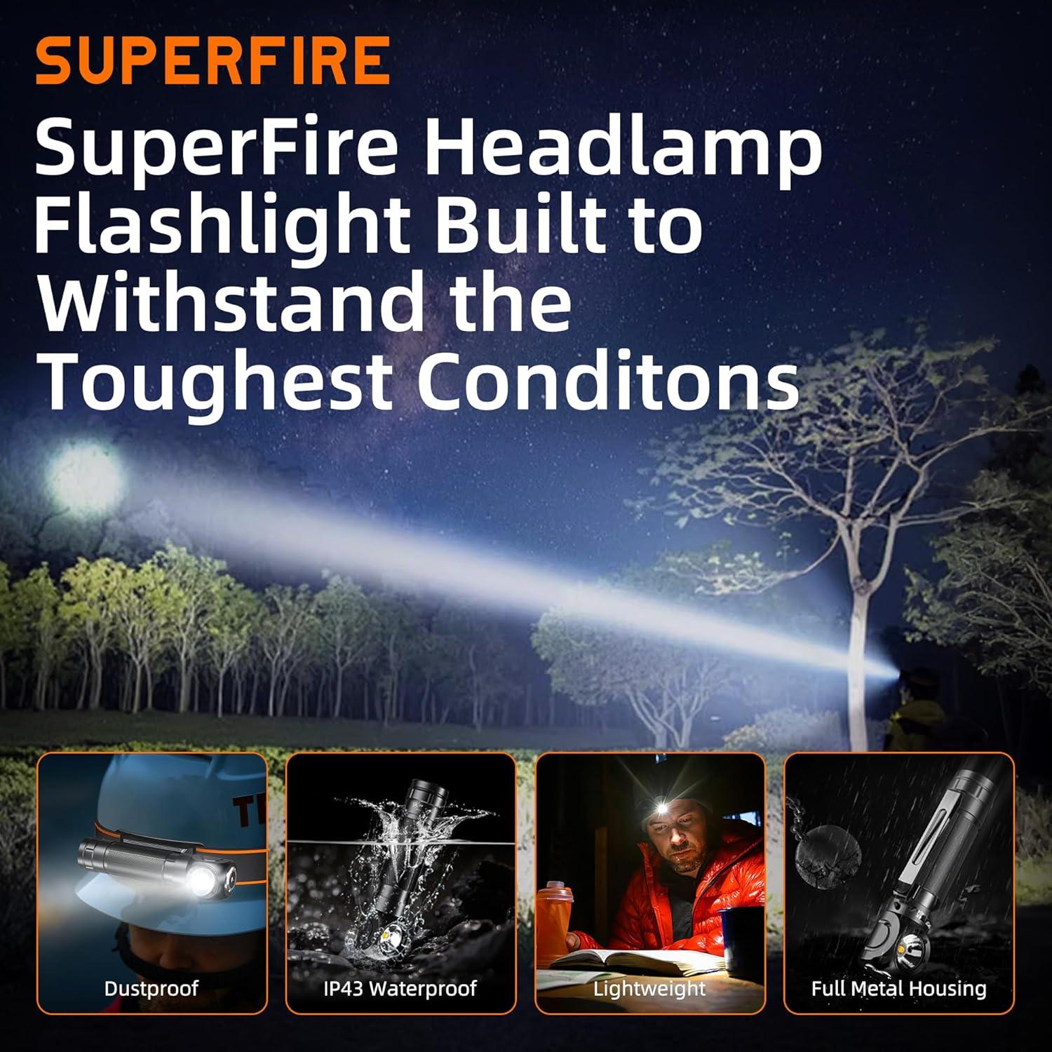 Linterna Frontal Recargable SuperFire TH04 600 Lúmenes 5 Modos