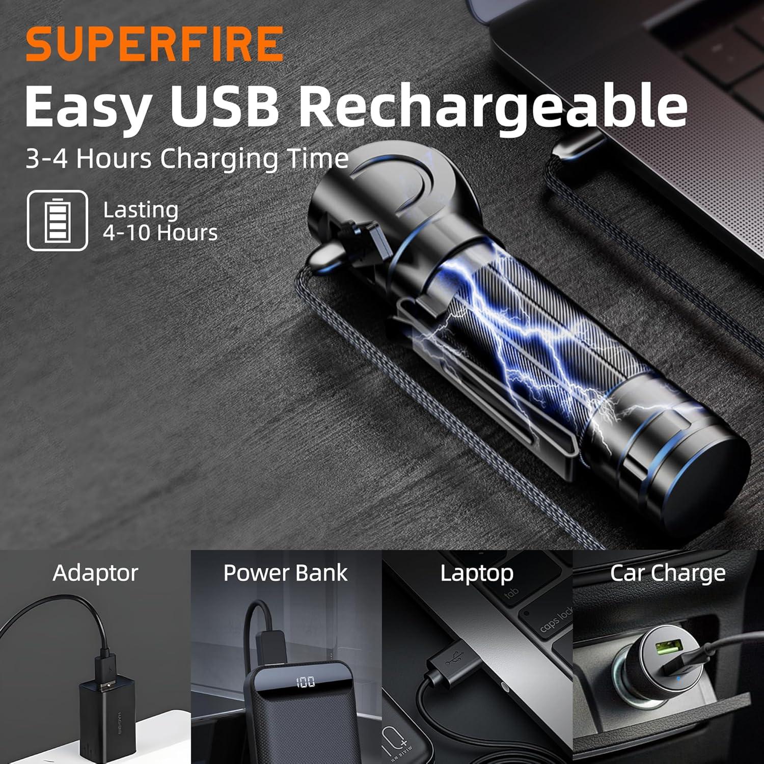 Linterna Frontal Recargable SuperFire TH04 600 Lúmenes 5 Modos