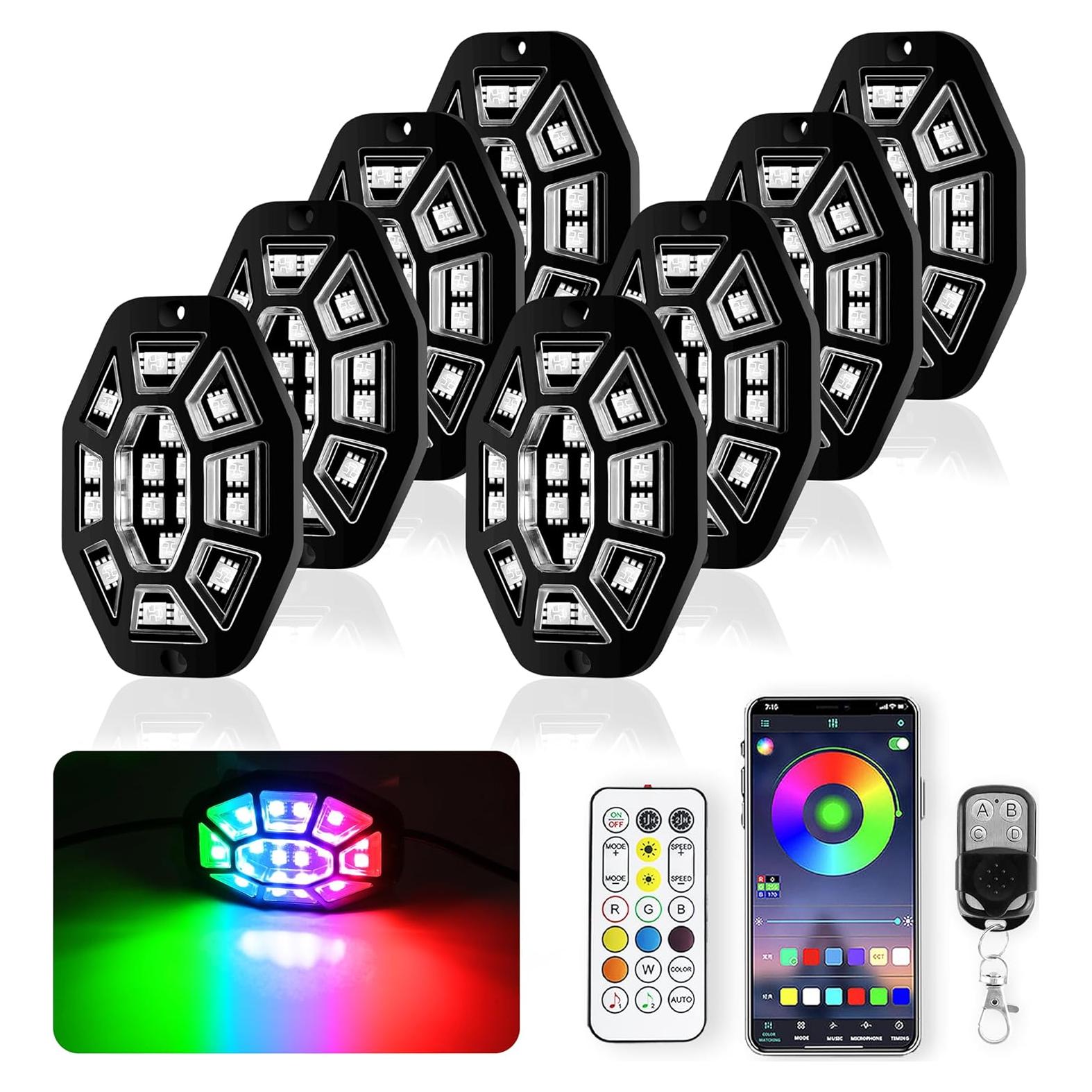 Luces de Rocas RGB Auto Buero 8 Pods 162 LEDs Impermeables
