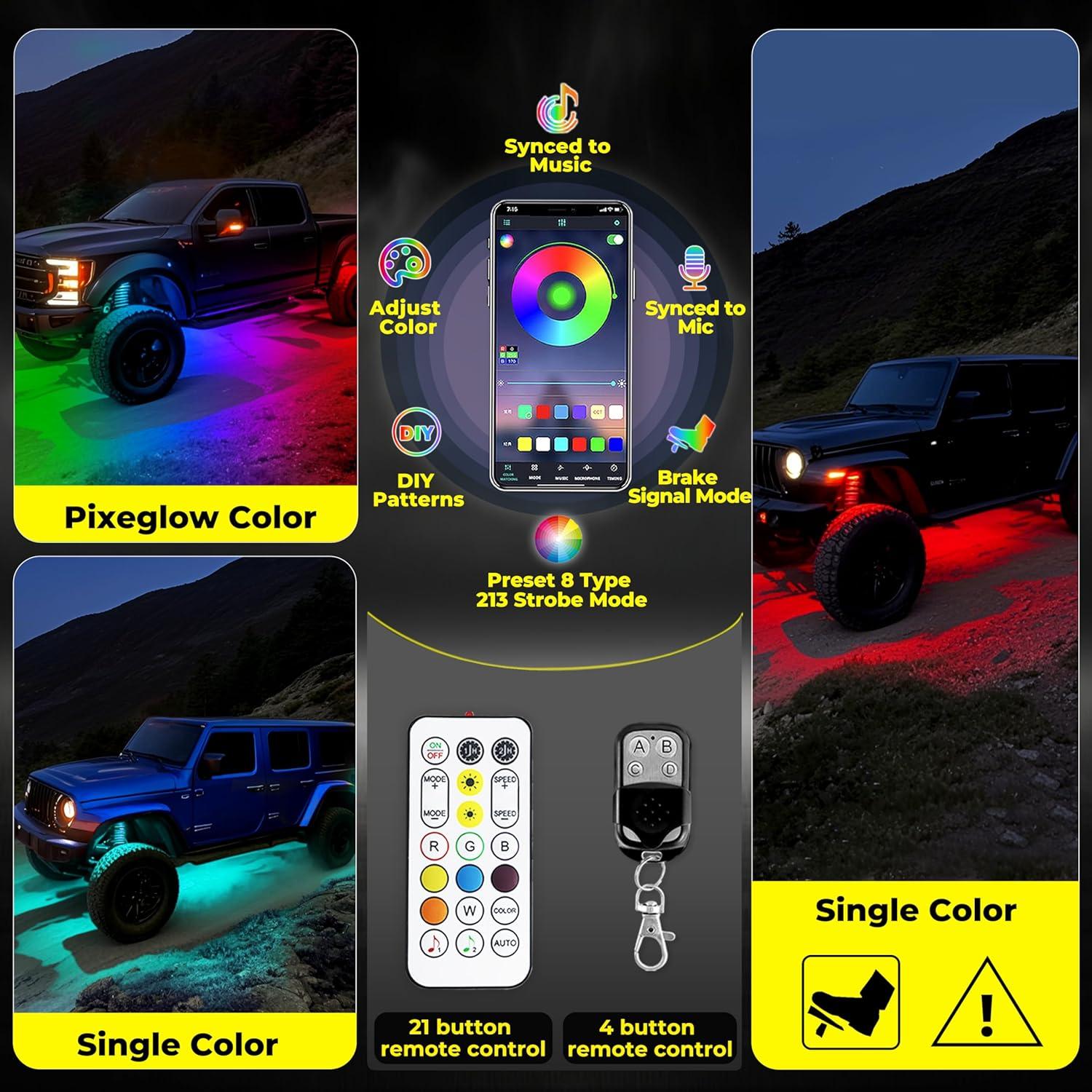 Luces de Rocas RGB Auto Buero 8 Pods 162 LEDs Impermeables