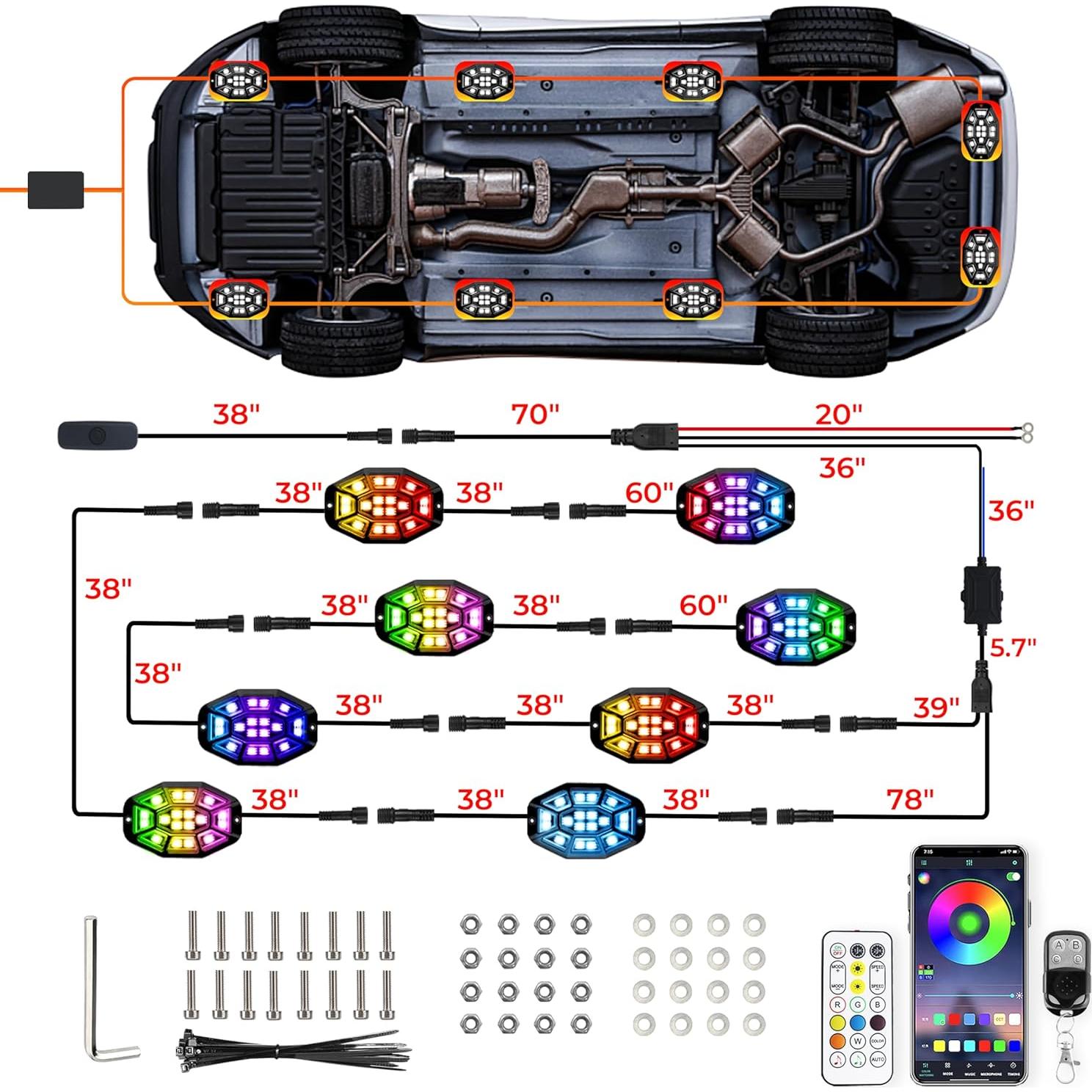 Luces de Rocas RGB Auto Buero 8 Pods 162 LEDs Impermeables