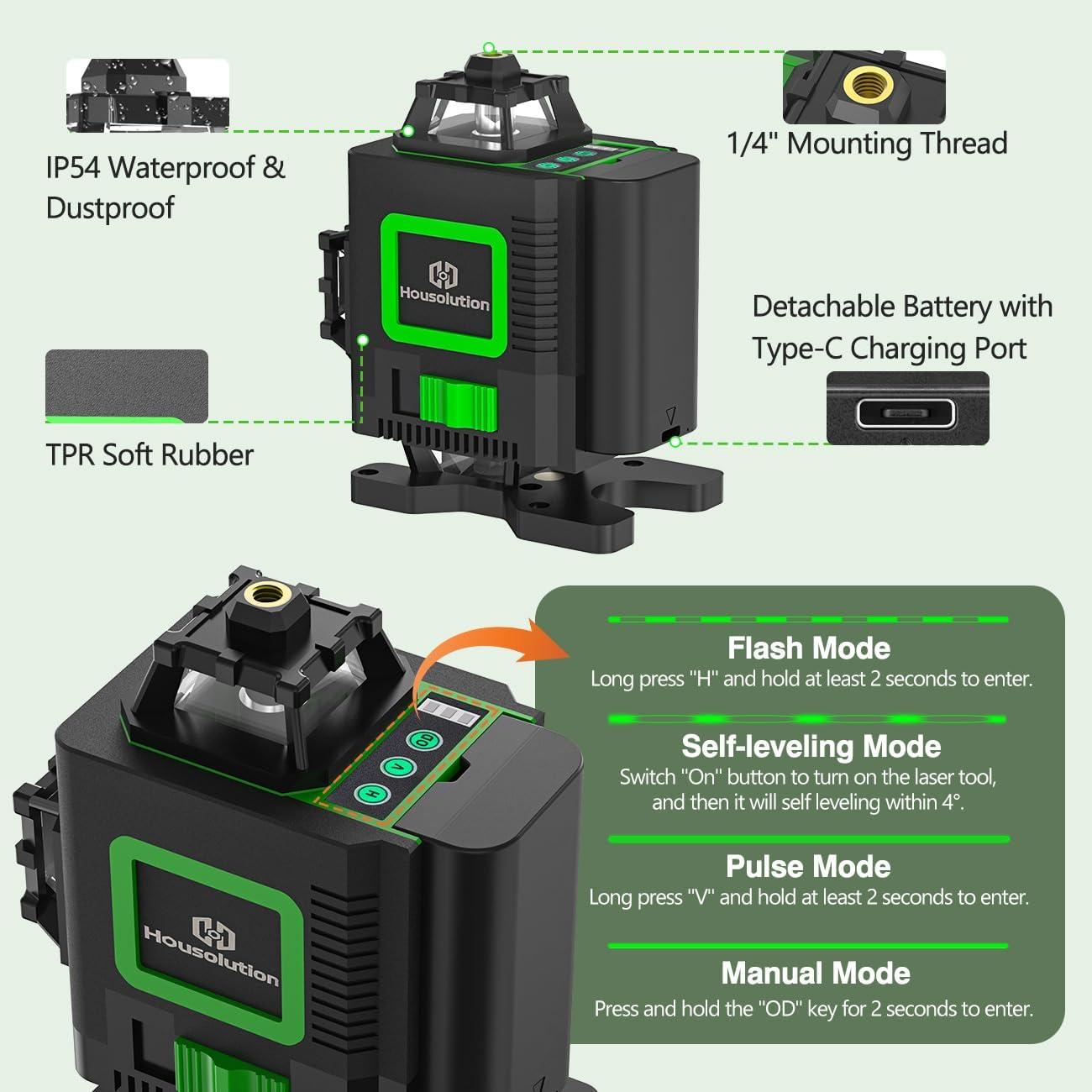 Nivel Láser Housolution 4D Verde 360° Autonivelante 130Ft