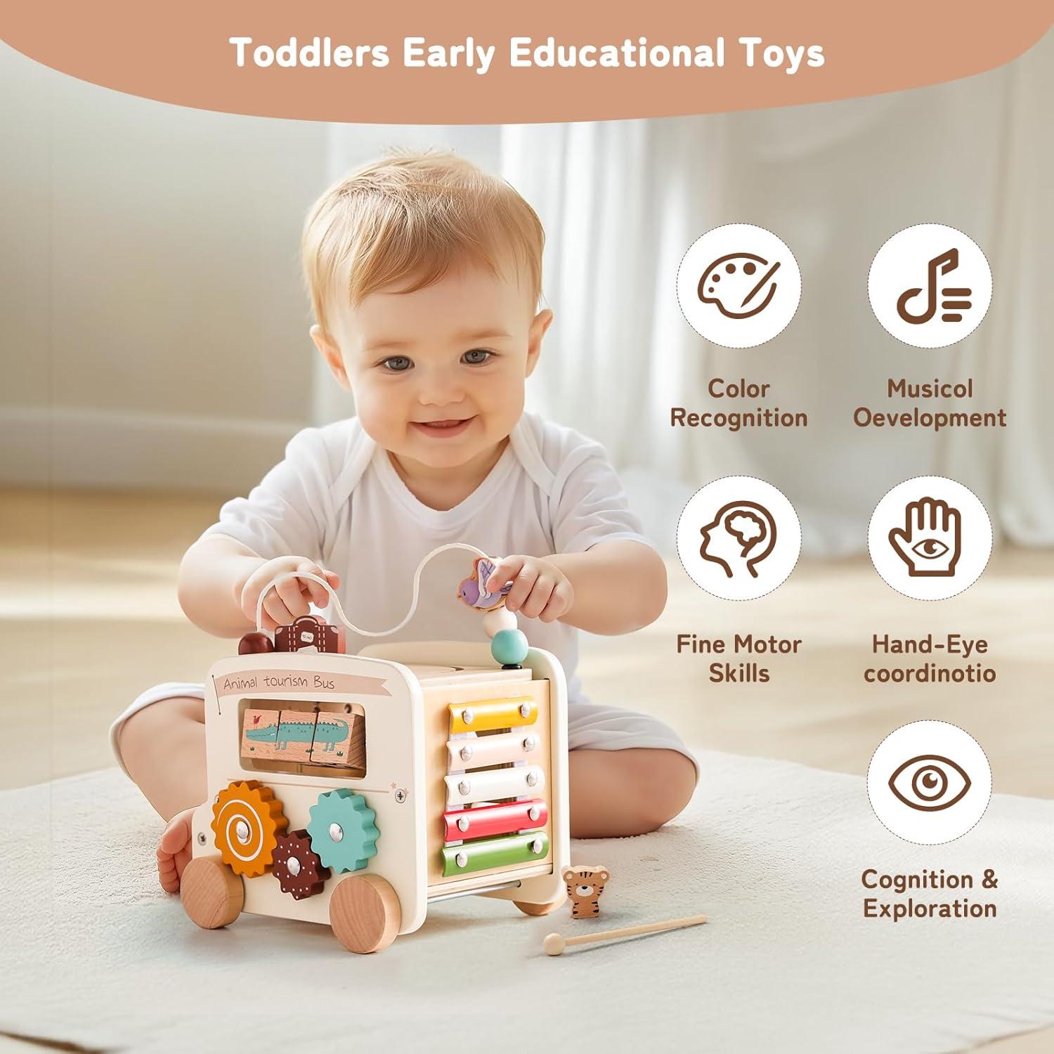 Cubo de Actividad de Madera 8-en-1 Etucdose Autobús Beige