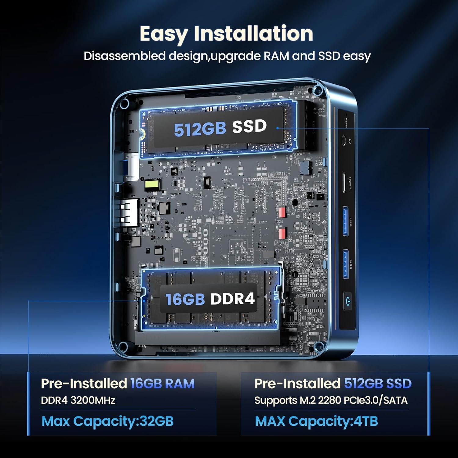 Mini PC Trycoo WI6 N100, 16GB RAM, 512GB SSD, 4K Triple Pantalla