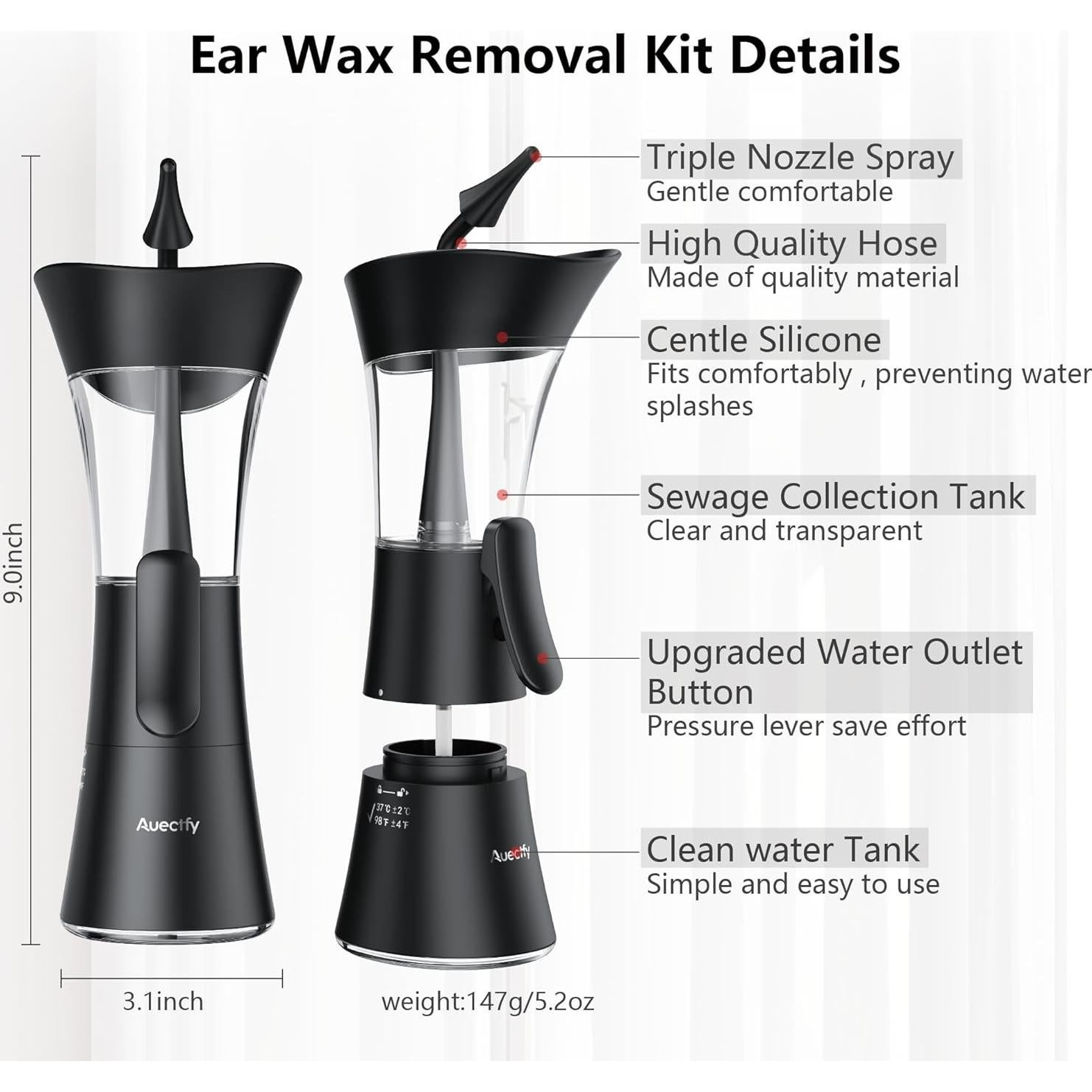 Kit de Limpieza de Oídos Auectfy - Irrigación Manual, Negro