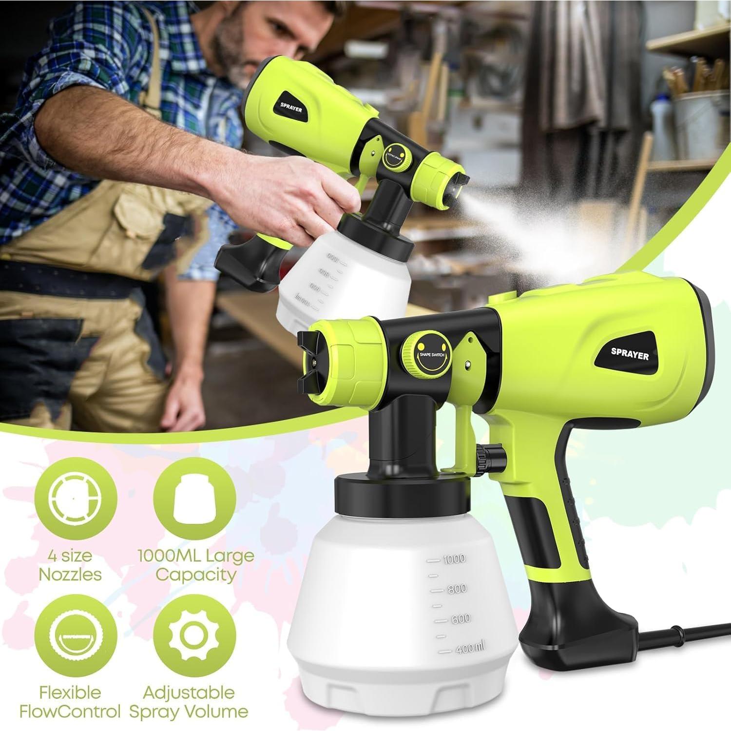 Pistola de Pintura Eléctrica LESONJOY 1000W Verde con 4 Boquillas