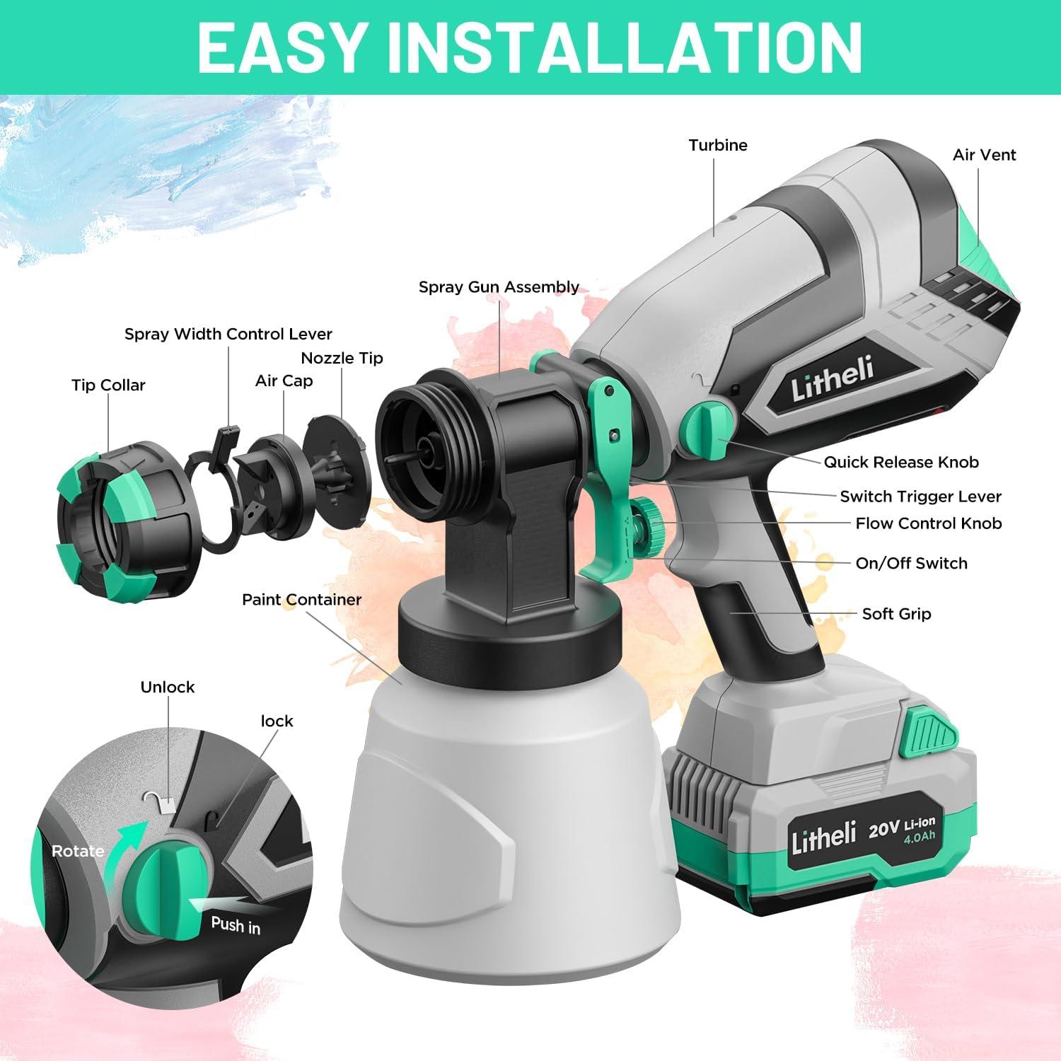 Pulverizador de Pintura Inalámbrico Litheli 20V 4.0Ah HVLP 1000ml