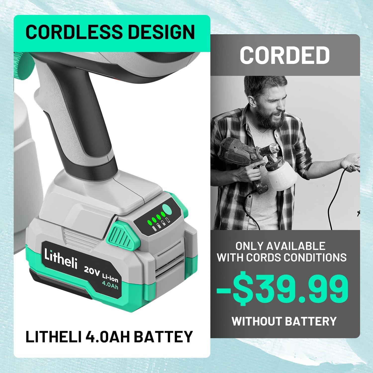 Pulverizador de Pintura Inalámbrico Litheli 20V 4.0Ah HVLP 1000ml