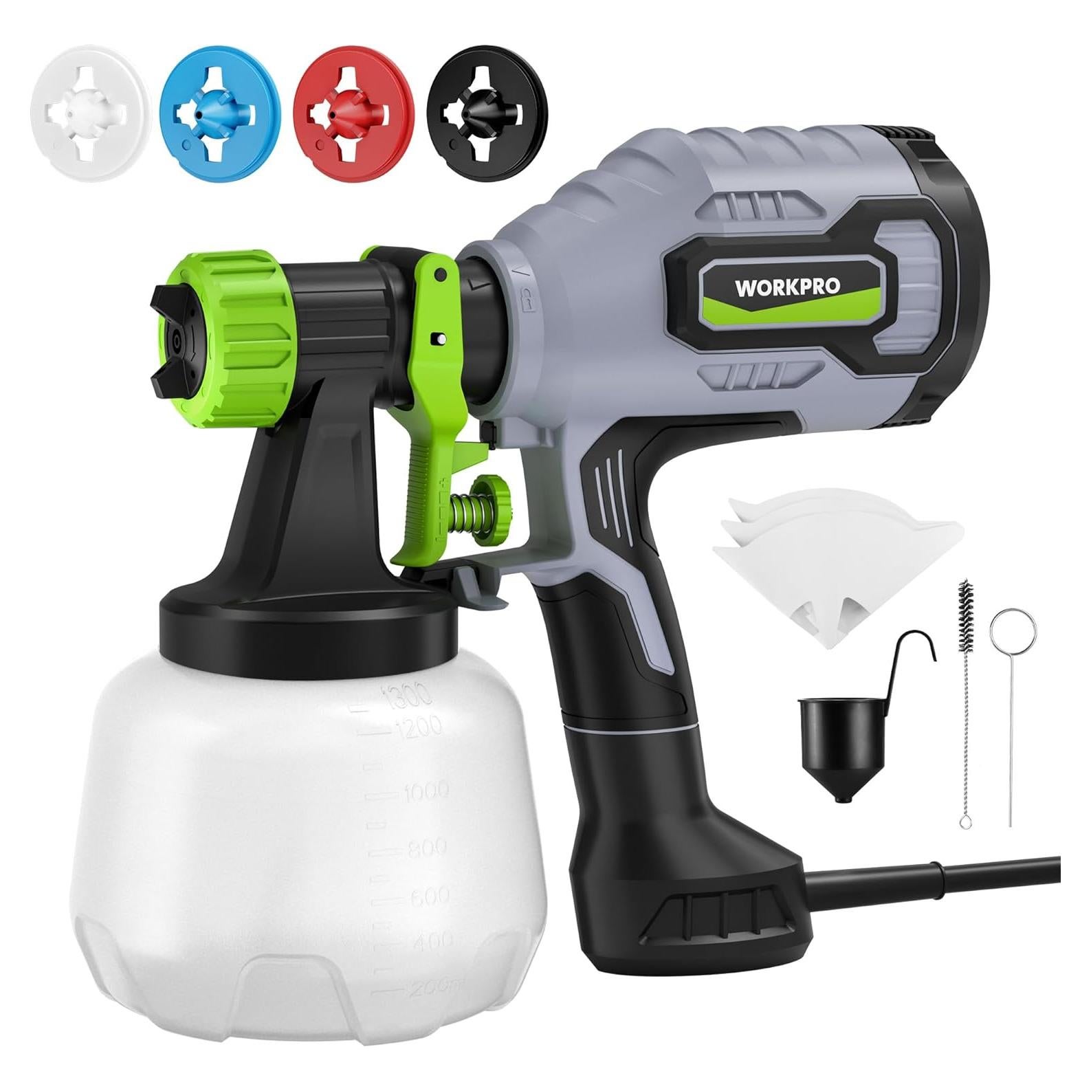 Pistola de Pintura WORKPRO 600W HVLP con 4 Boquillas 1300ml