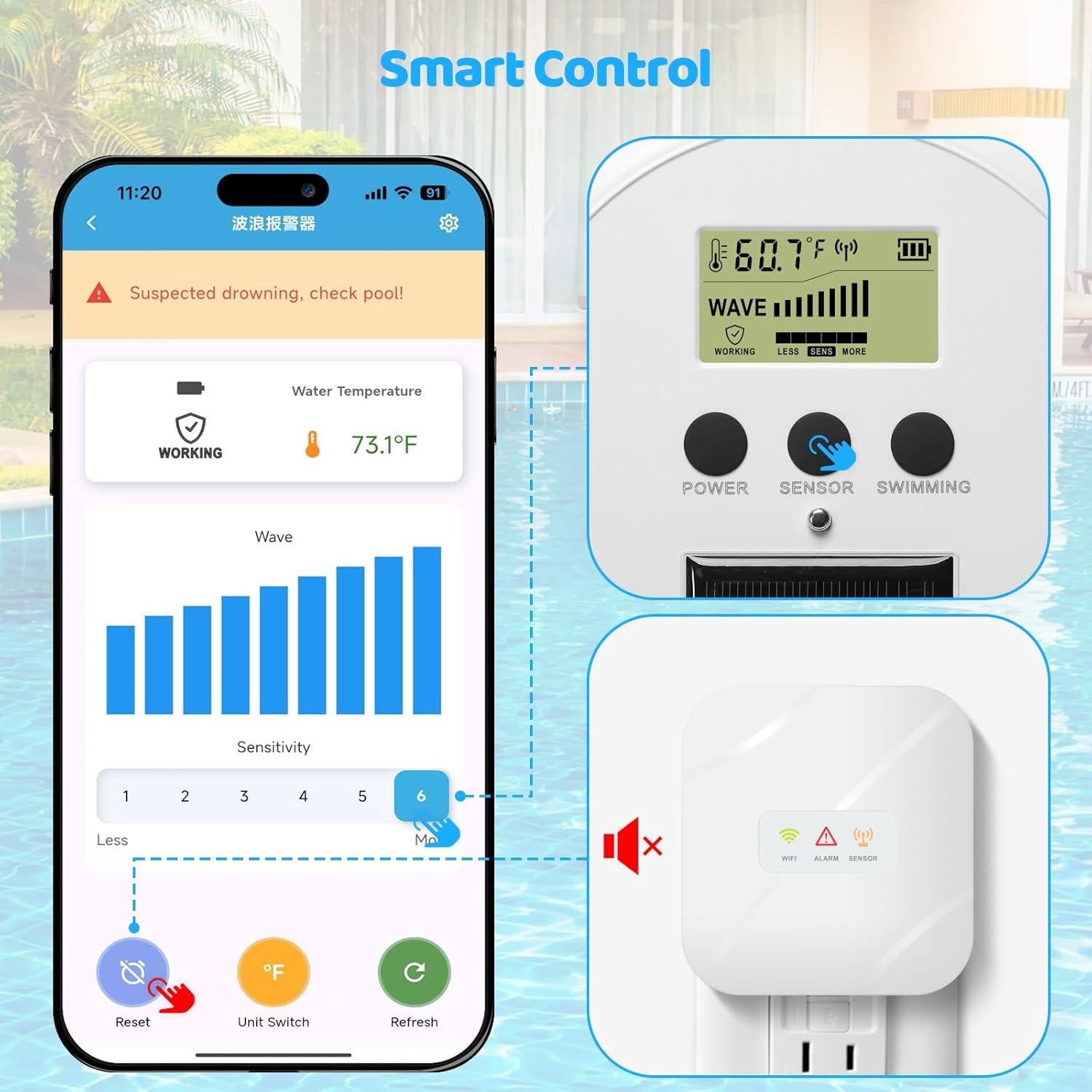 Alarma de piscina WiFi Zuomeng ZM-149, solar, control remoto