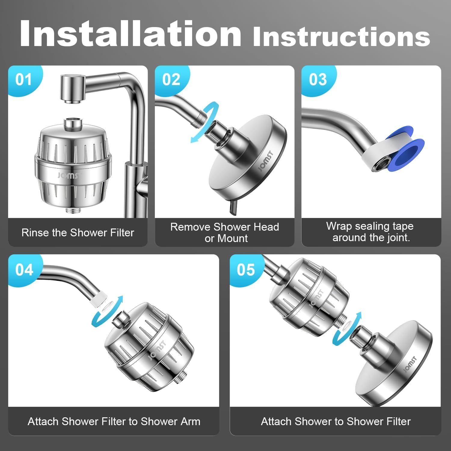 Cabezal de Ducha Jomst Cromado con Filtro Anti-Cloro 25 Etapas