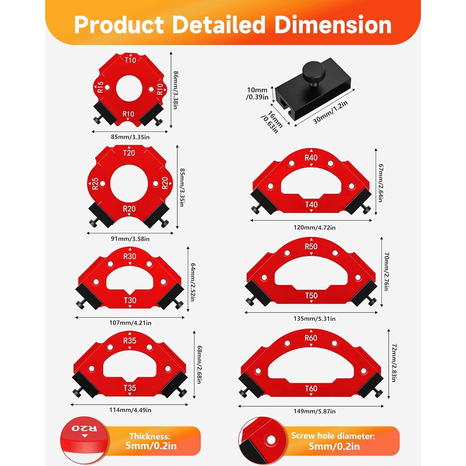 Plantilla de Radio de Esquina TANYO 7 Piezas Aluminio 18 Tamaños