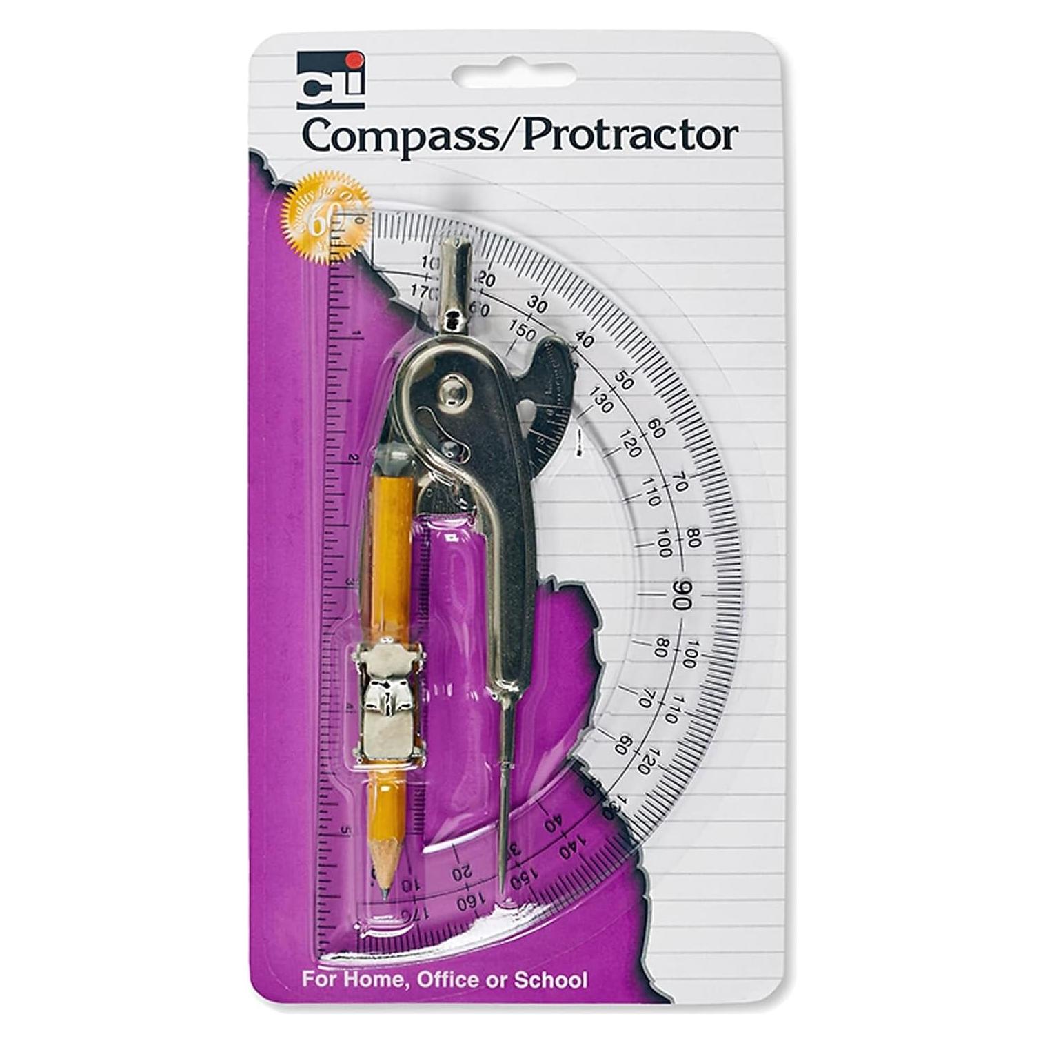 Charles Leonard Ball Bearing Compass and 6 Inch Protractor Combo Set, Metal/Clear Plastic, Assorted Colors, 1 Combo Pack (80960)