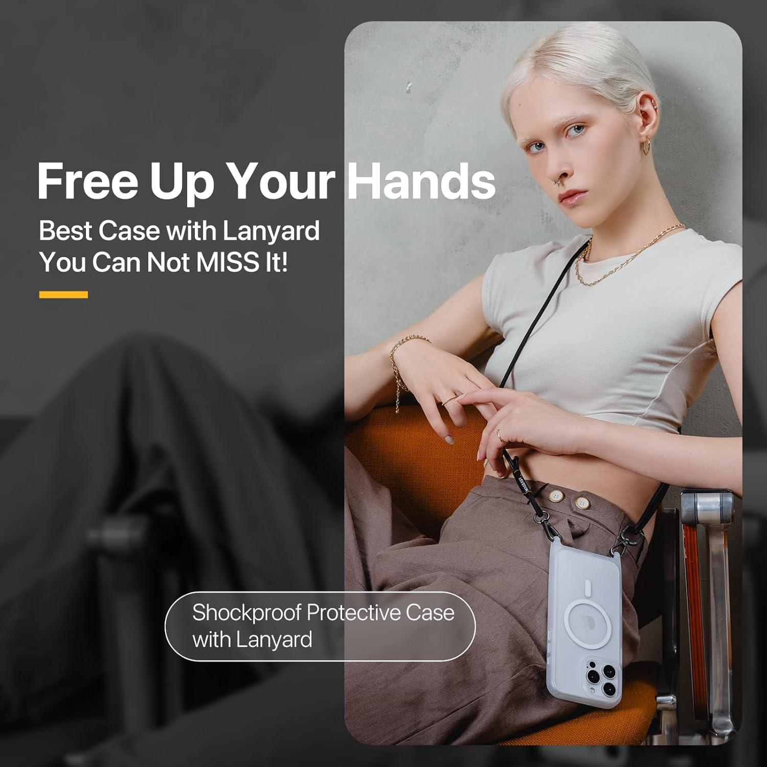 Funda MAGEASY para iPhone 16 Plus 6.7" con Correa Negra