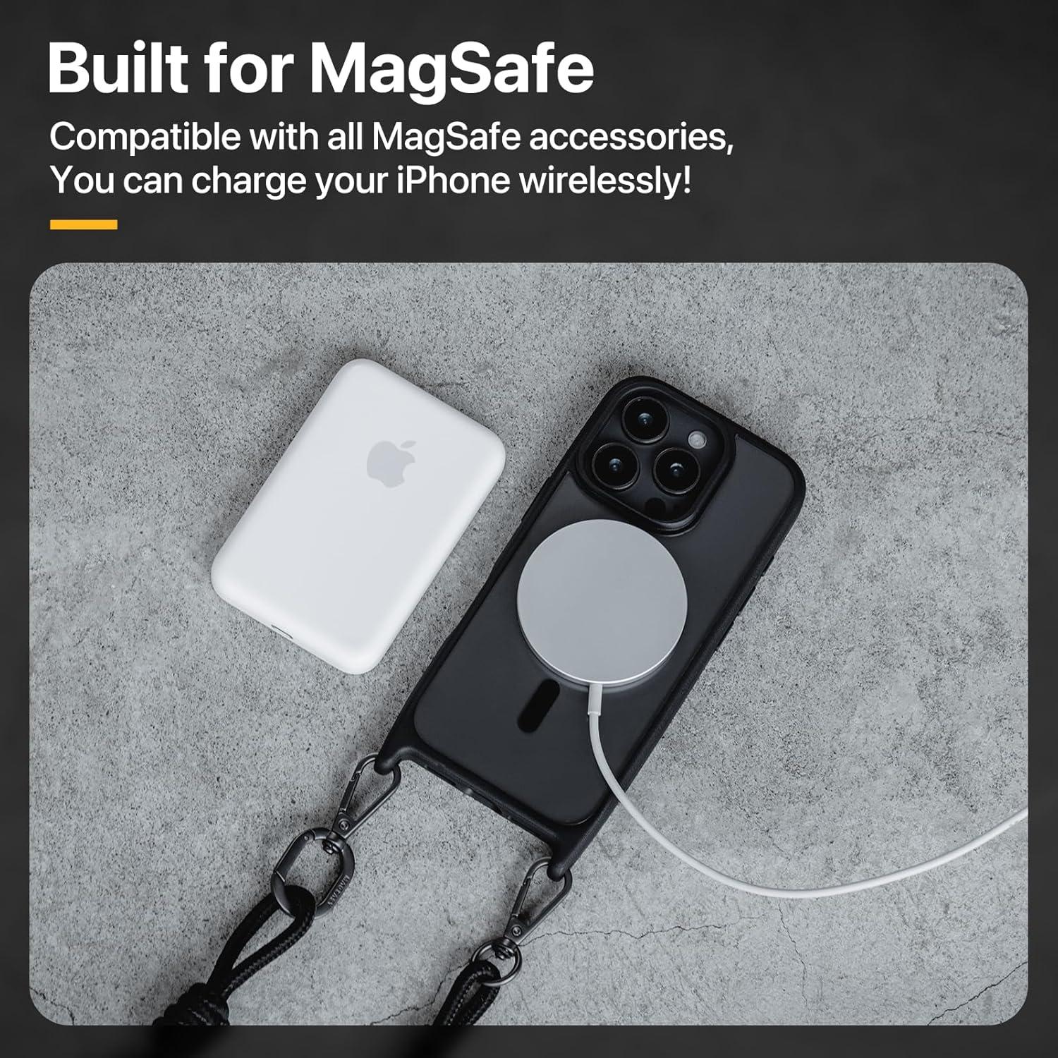 Funda MAGEASY para iPhone 16 Plus 6.7" con Correa Negra