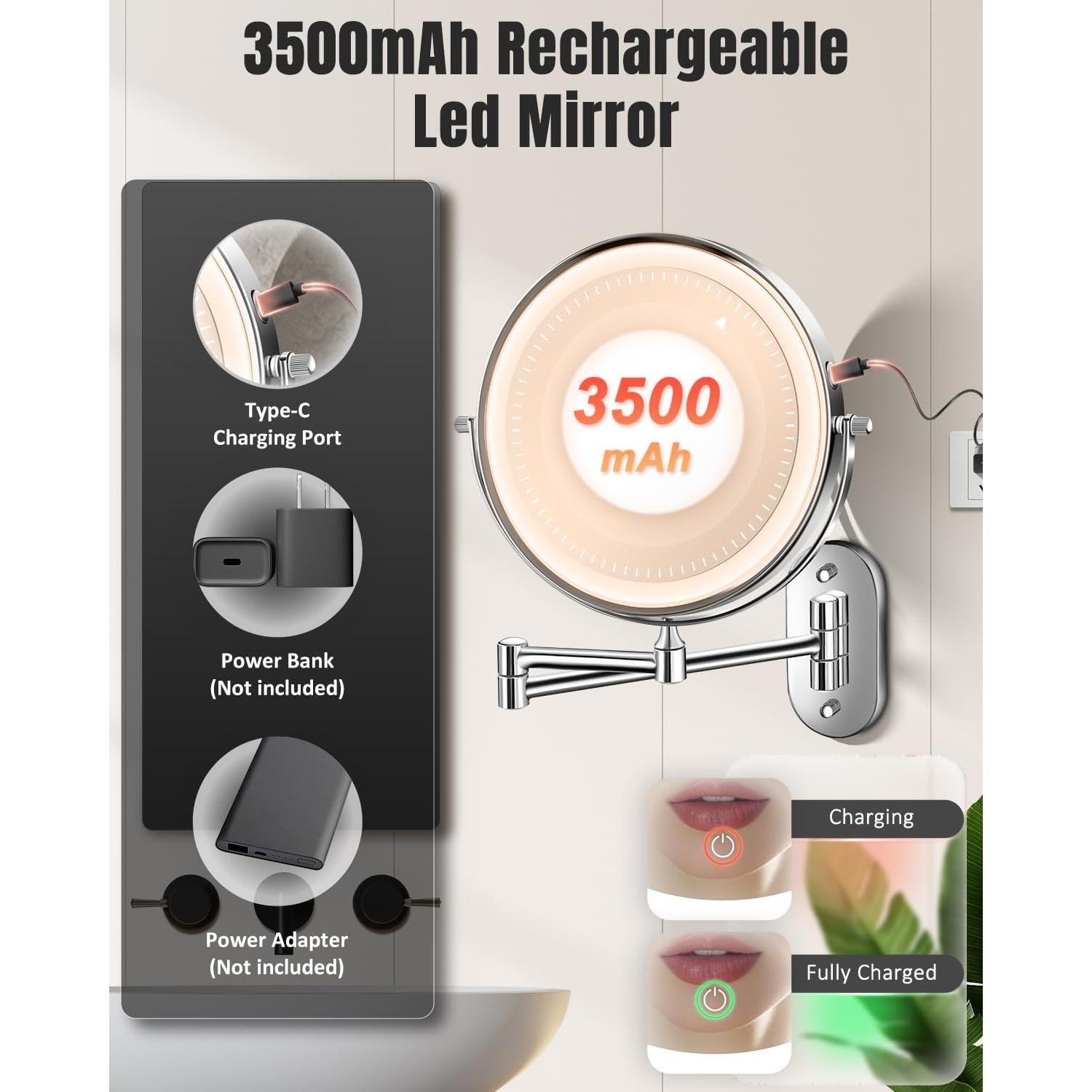 Espejo de Maquillaje Iluminado VFD 30X/1X Montaje Pared Cromo