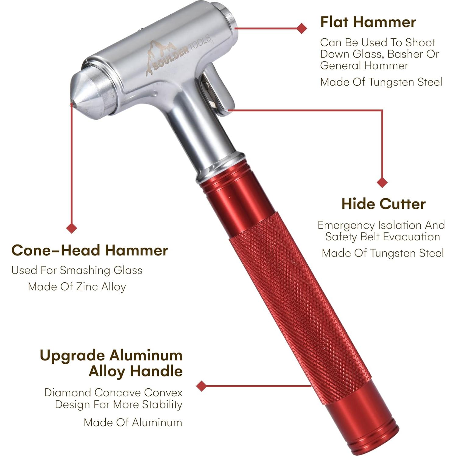 Martillo de Seguridad Boulder Tools - Rompe Ventanas y Cortador de Cinturón - Emergencia Coche