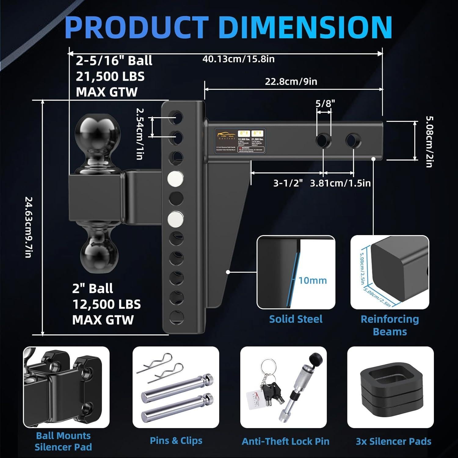 Enganche de Remolque Ajustable Govlvet 9,752 kg - Doble Bola 2" y 2-5/16"