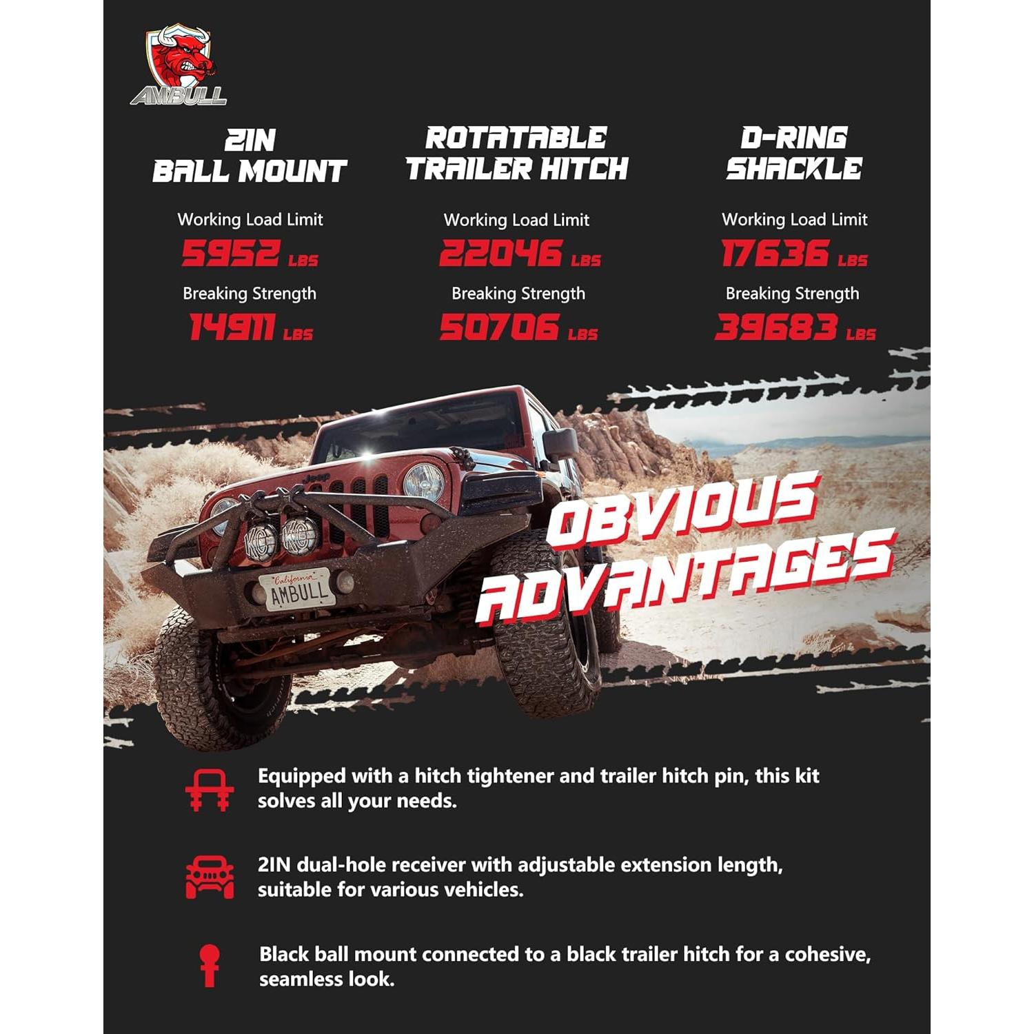 Enganche de Remolque Rotatable AMBULL 2" con Gancho en D