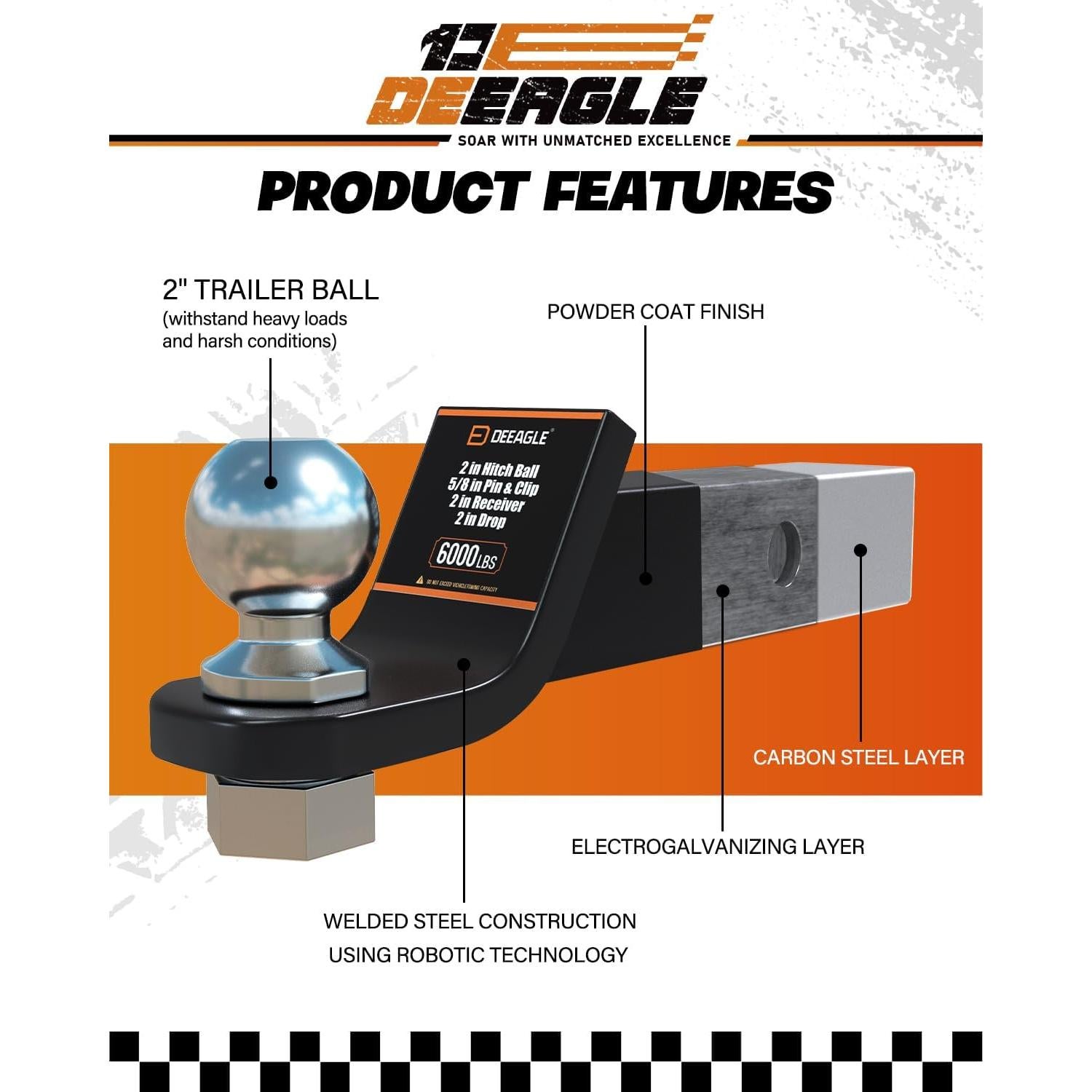 Enganche de Bola 2" DEEAGLE Acero 2721.55 kg con Pasador