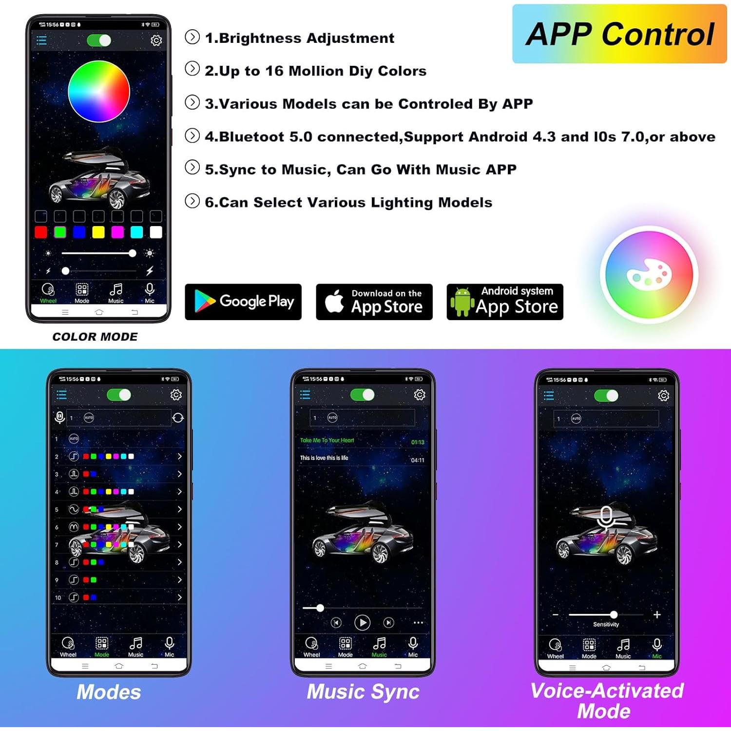 Luces LED Underglow Kairiyard RGB 4Pcs con Control APP