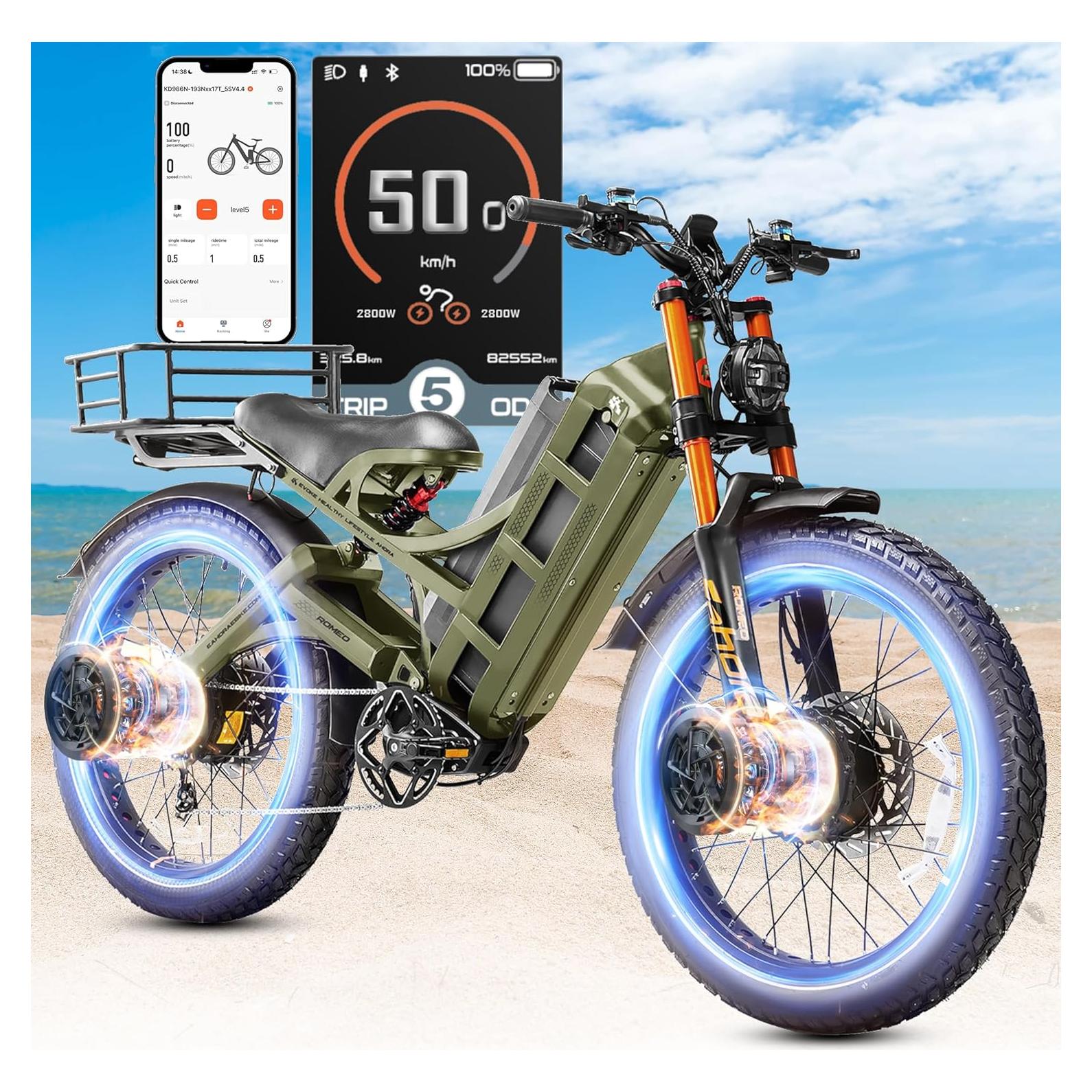eAhora 2025 Romeo Pro 2/Pro 3 46-50Mph Electric Bike for Adults, 4000W/5600W Dual Motor Ebike, 52V 70Ah/60V 80Ah 200+Miles Long Range E Bike, 26 * 4.0" Fat Tire, Full Suspension, All Terrain, UL2849