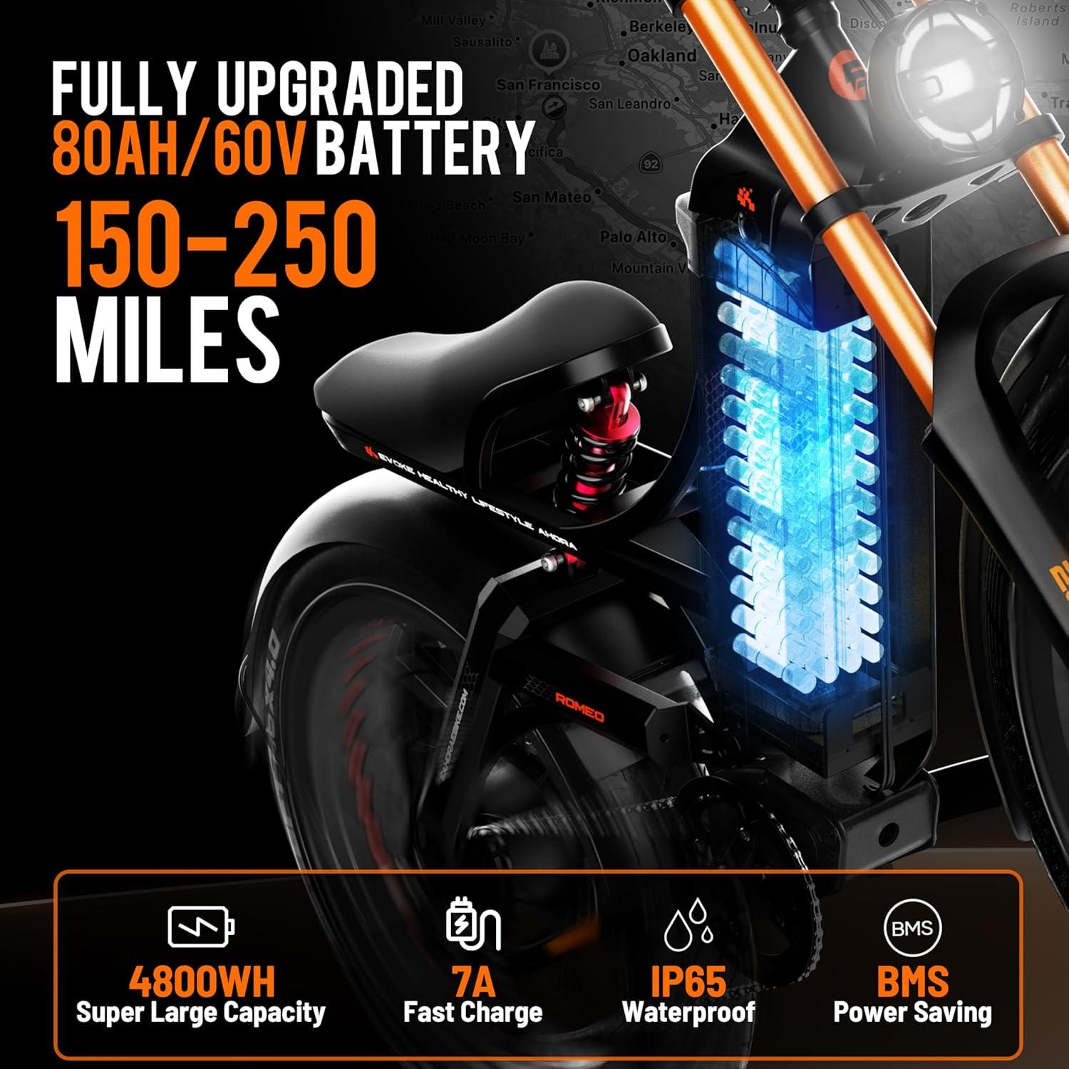 eAhora 2025 Romeo Pro 2/Pro 3 46-50Mph Electric Bike for Adults, 4000W/5600W Dual Motor Ebike, 52V 70Ah/60V 80Ah 200+Miles Long Range E Bike, 26 * 4.0" Fat Tire, Full Suspension, All Terrain, UL2849