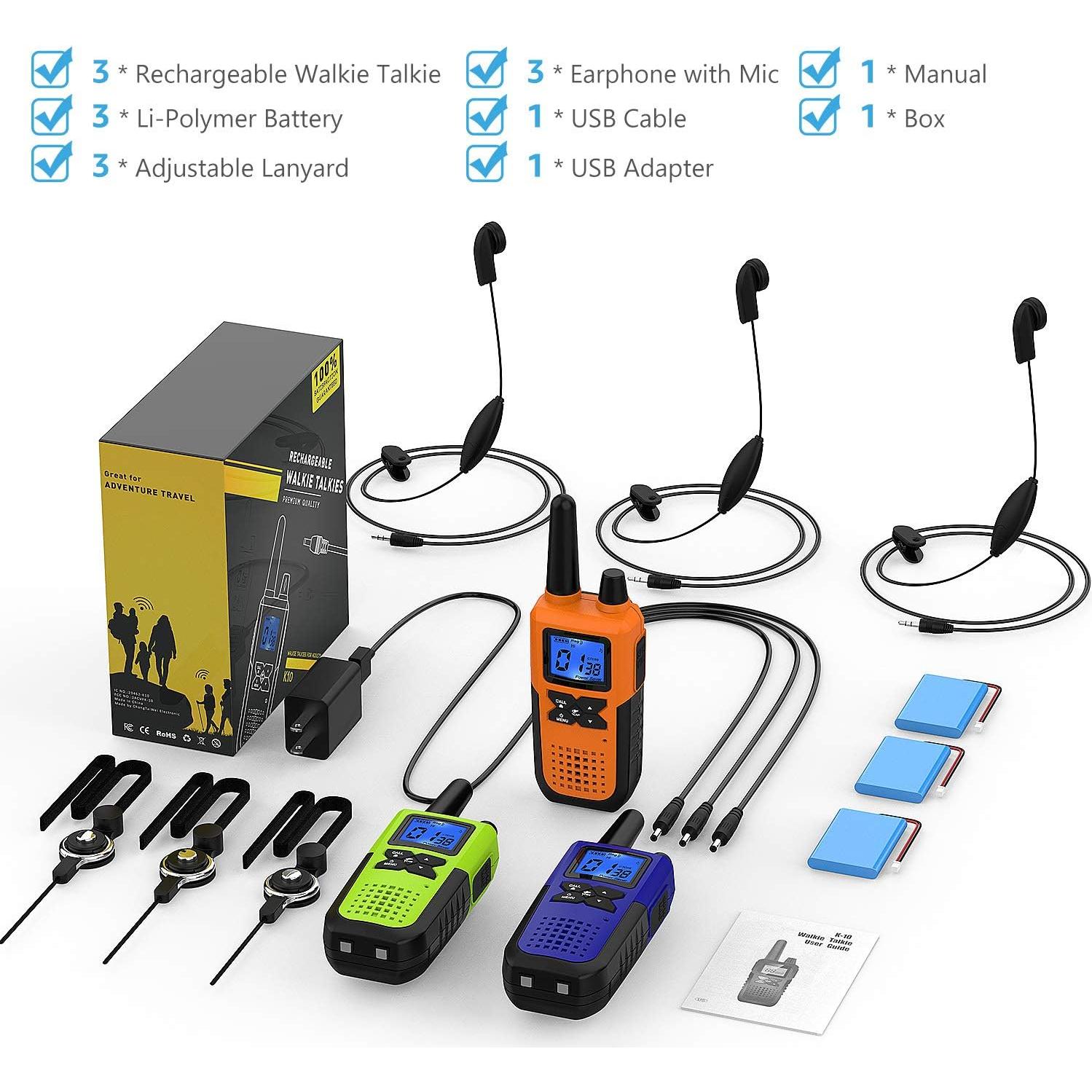 Walkie Talkies Topsung 2 Vías Recargables con Auriculares - Paquete de 3