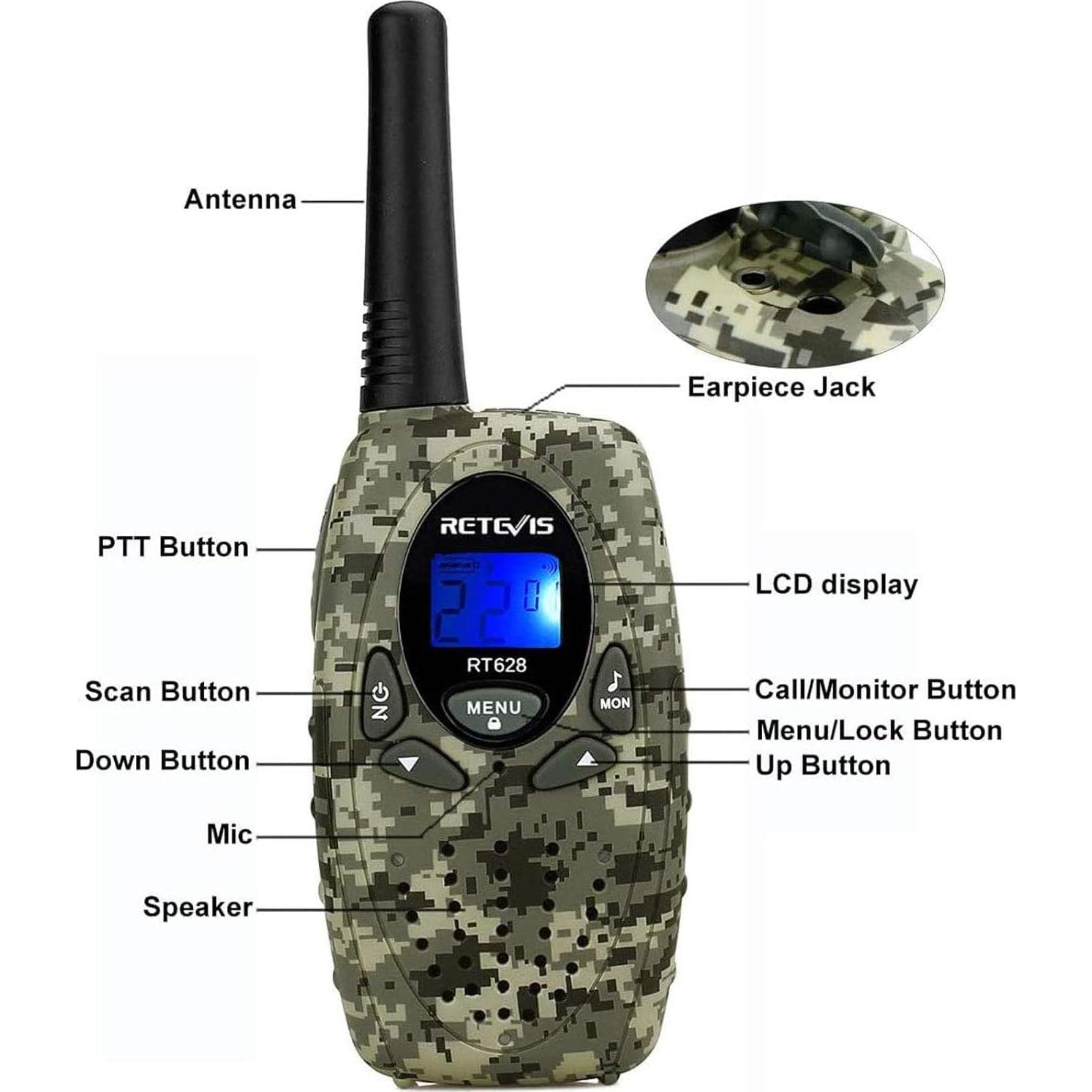 Walkie Talkies Retevis RT628 para Niños Camo - Paquete de 4