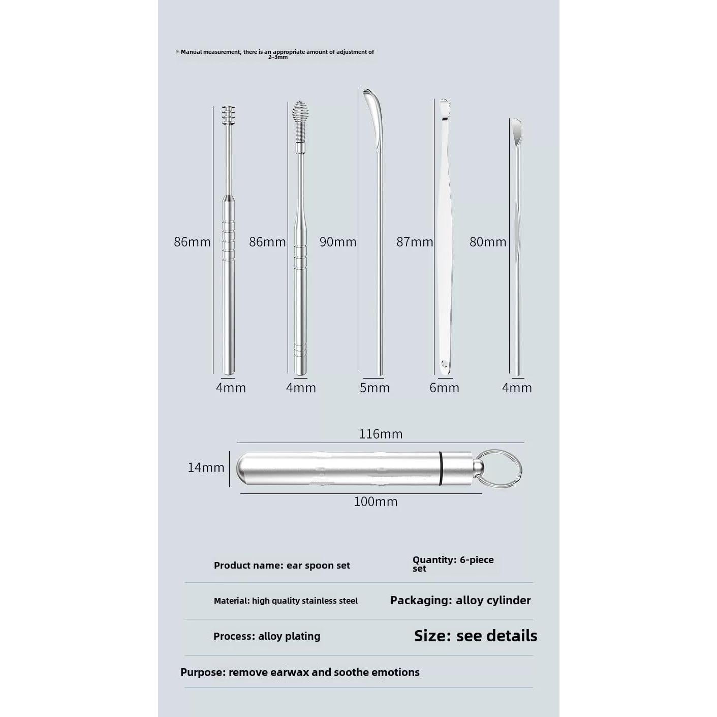 Kit de Limpieza de Oídos Profesional Acero Inoxidable 6 Piezas