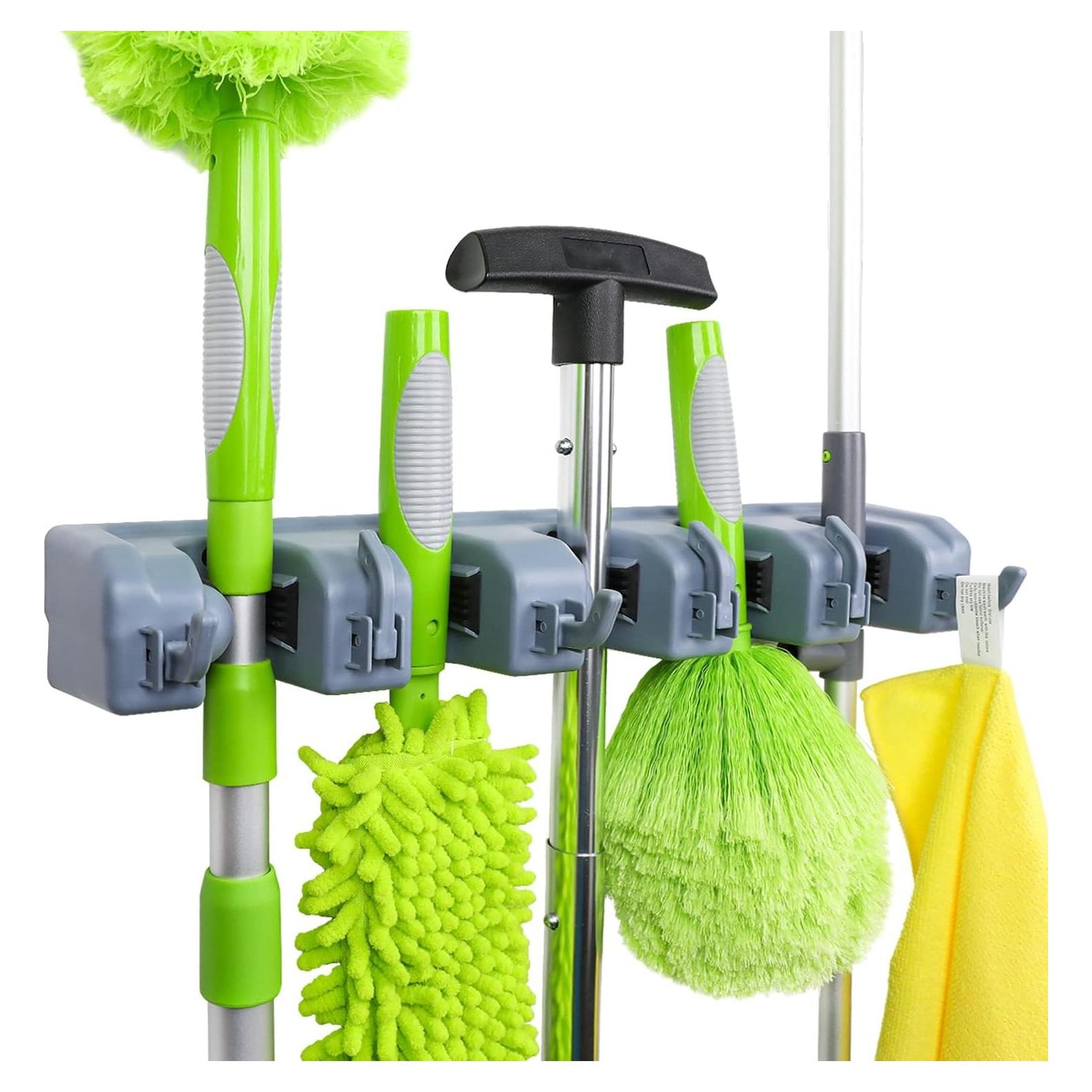 Soporte de Escoba Montaje en Pared Amazon Basics 6 Ganchos Gris