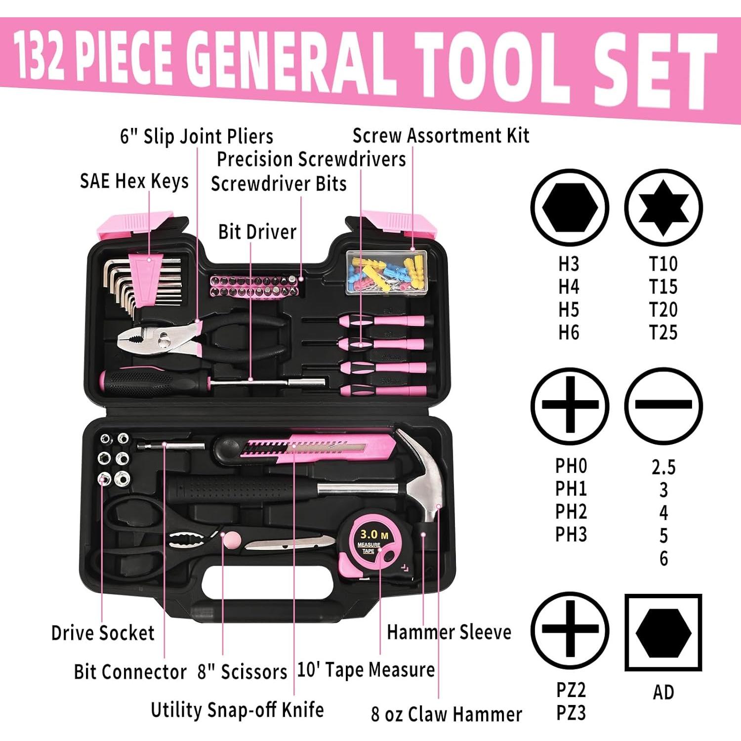 Juego de Herramientas HANGYING 132 Piezas con Caja Rosa
