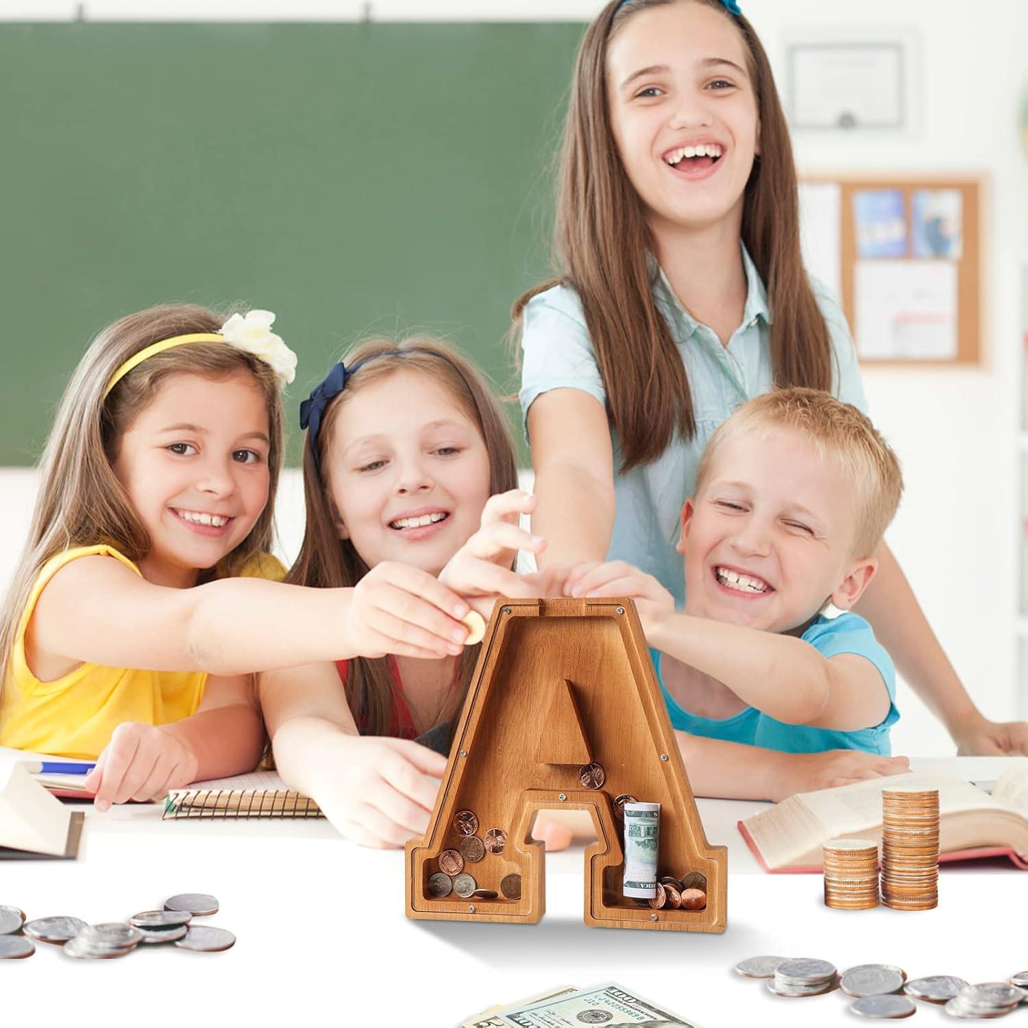 Banco de Dinero Personalizado de Madera 26 Letras Acrílico