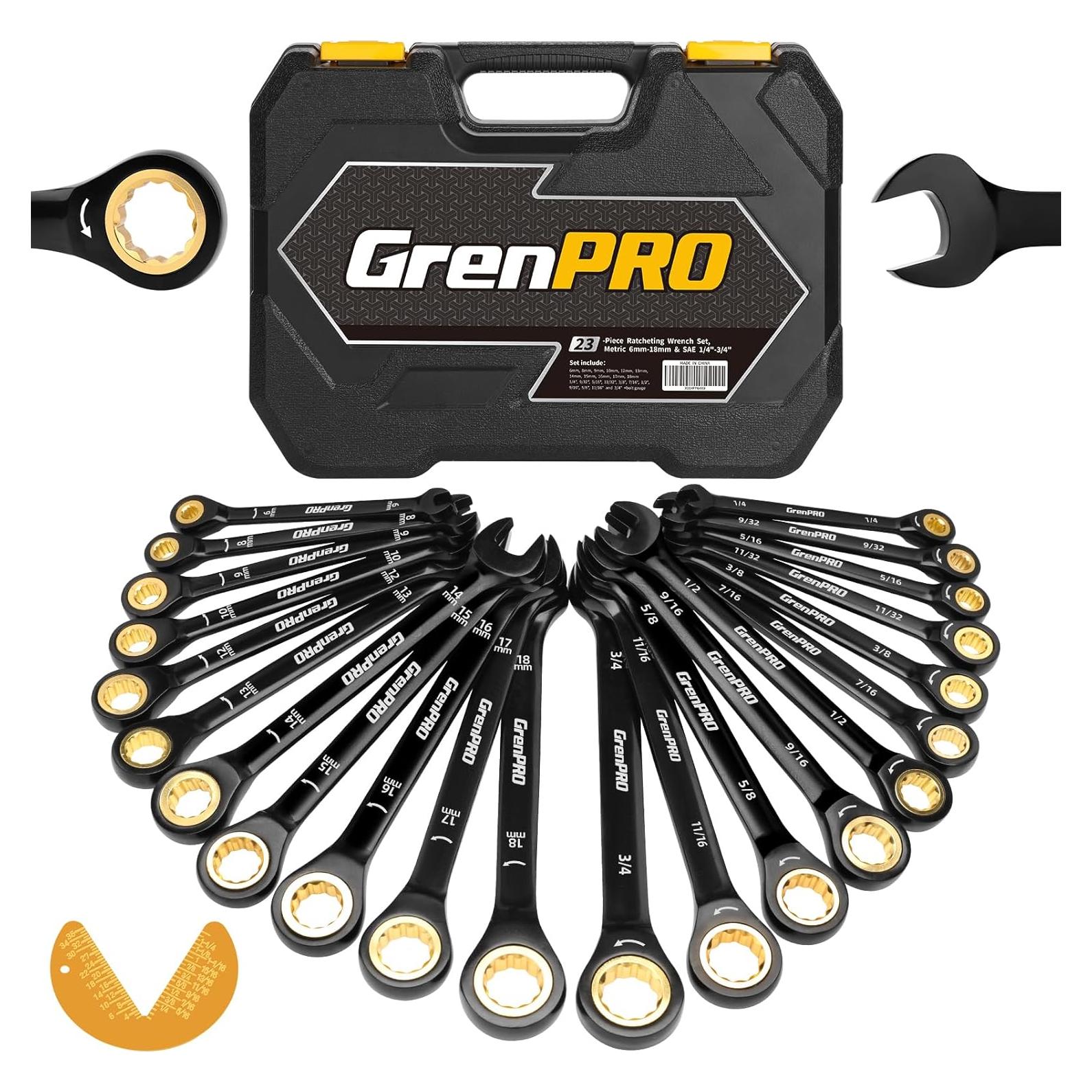 Juego de Llaves de Carraca GRENPRO 23 Piezas Métrico y SAE