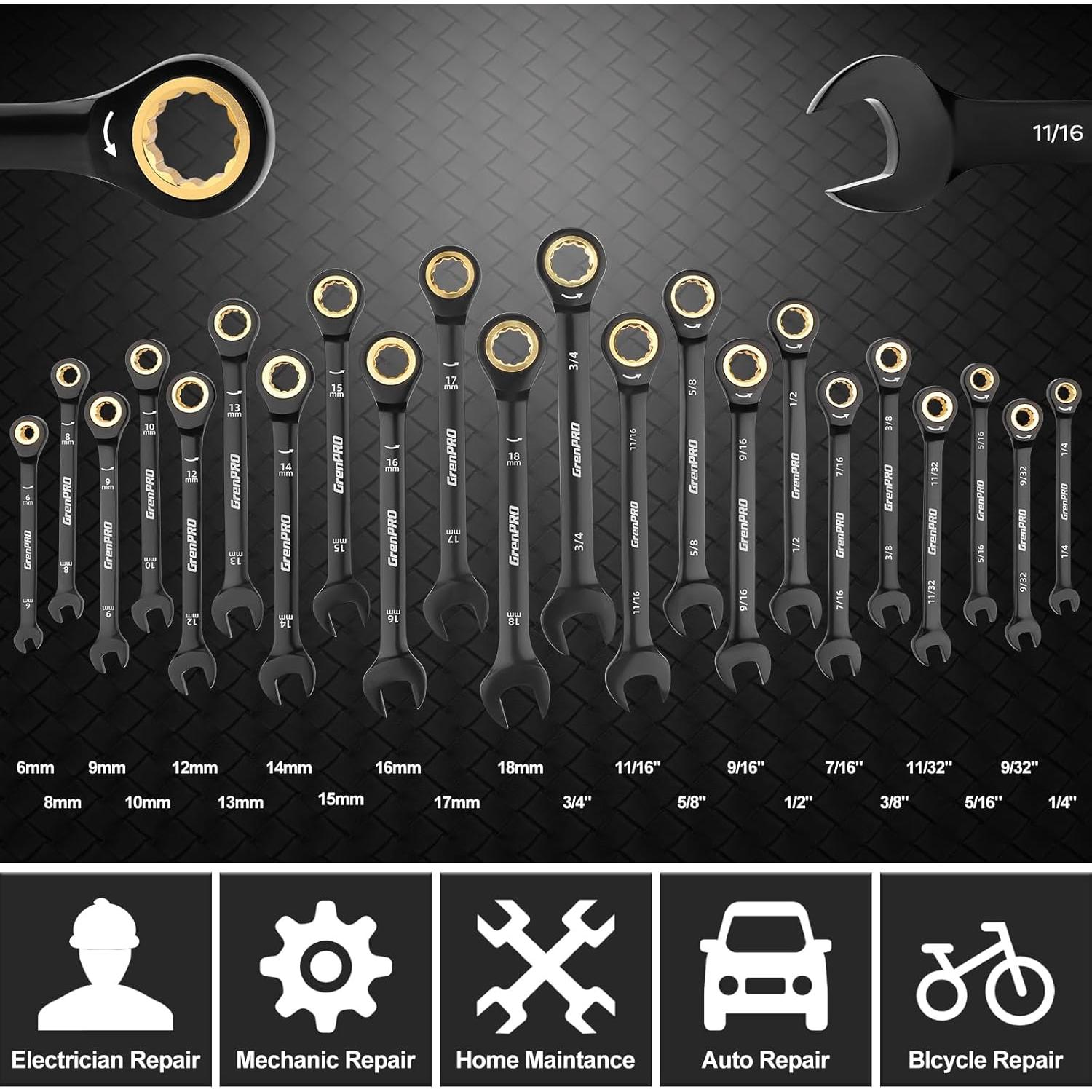 Juego de Llaves de Carraca GRENPRO 23 Piezas Métrico y SAE
