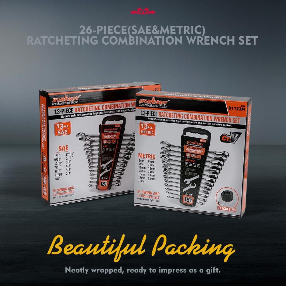 Juego de Llaves de Carraca 26 Piezas HORUSDY Acero Cromo Vanadio