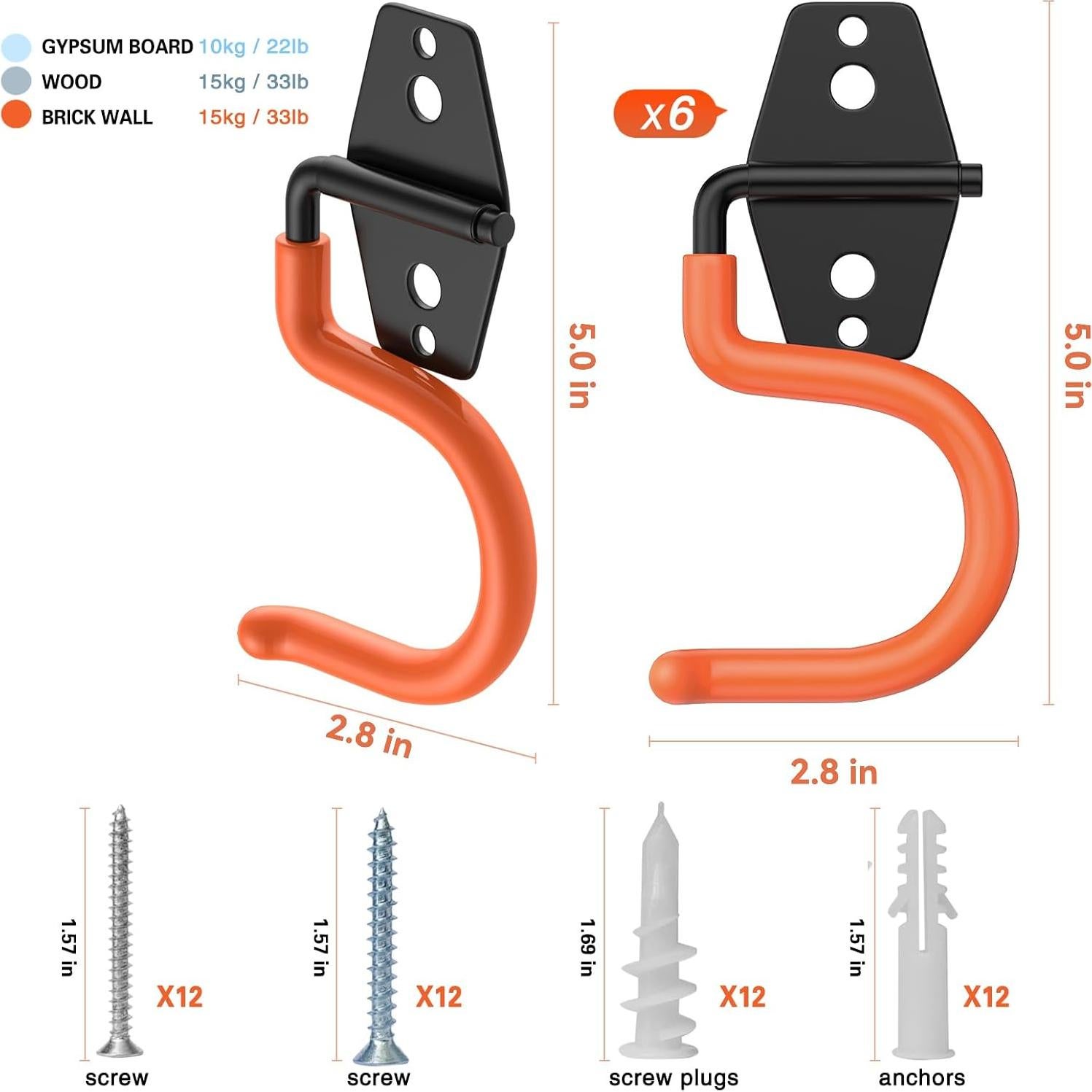 6 Ganchos de Garaje HUPBIPY de Metal Antideslizantes 1.59kg
