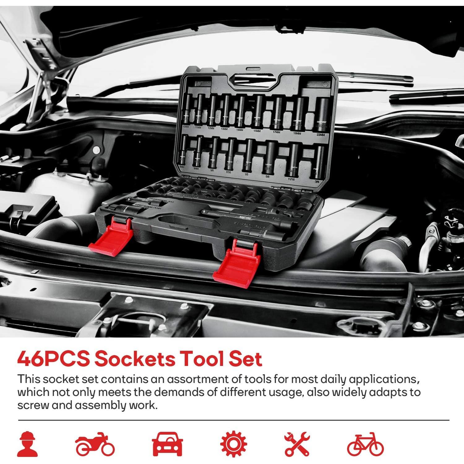 Juego de Llaves de Carraca 46 Piezas Eastvolt, Acero Cromo Vanadio