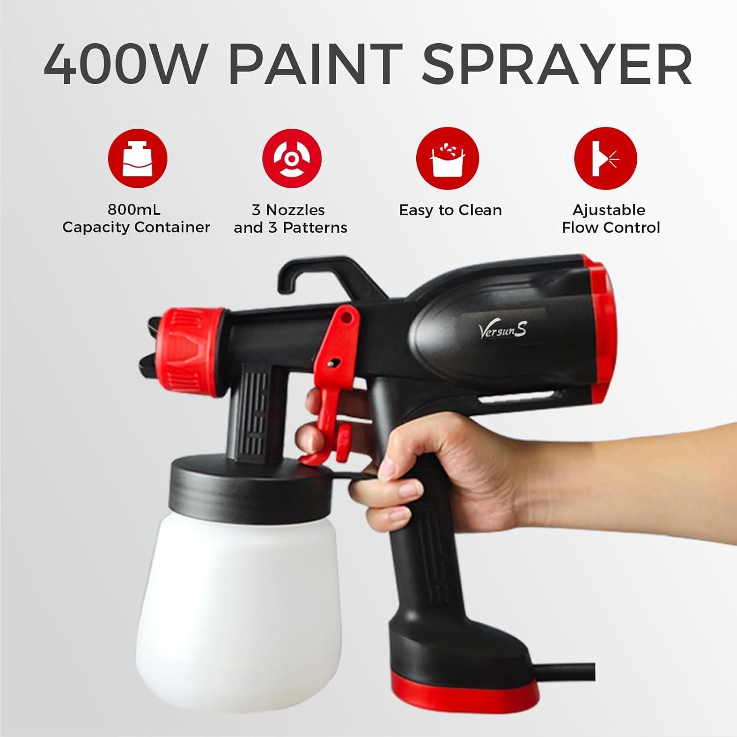 Pistola de Pintura 400W Versuns 800ml 3 Boquillas Fácil Limpieza