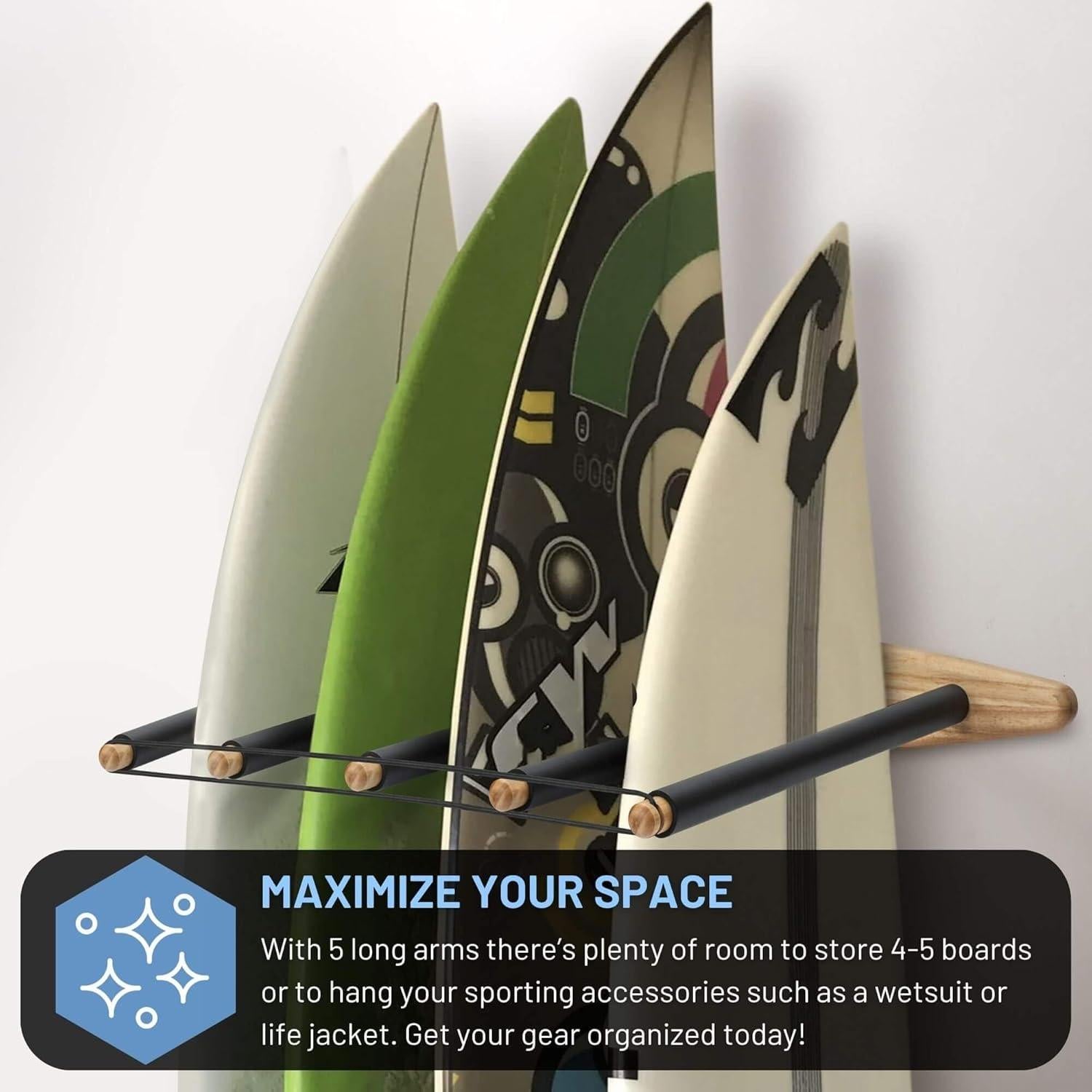Soporte Vertical para Tablas de Surf Hang 11 - 5 Brazos, Madera Dura