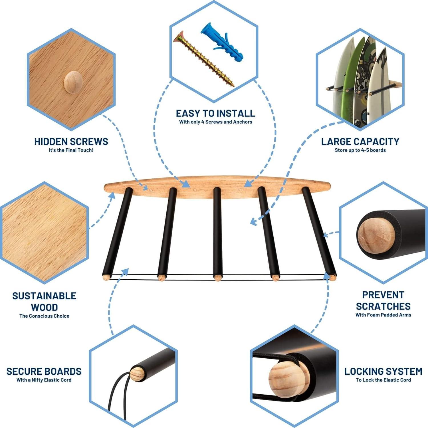 Soporte Vertical para Tablas de Surf Hang 11 - 5 Brazos, Madera Dura