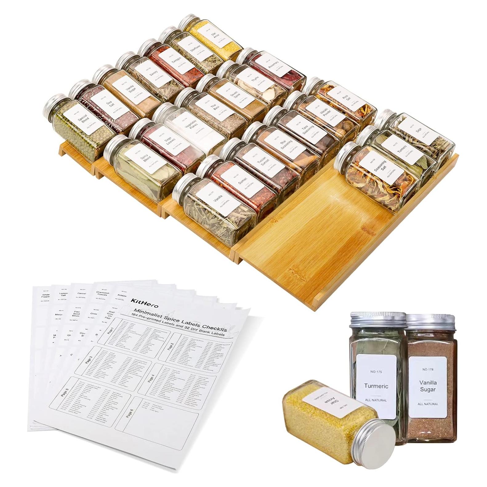 Organizador de Cajón de Especias KitHero con 24 Tarros y 216 Etiquetas