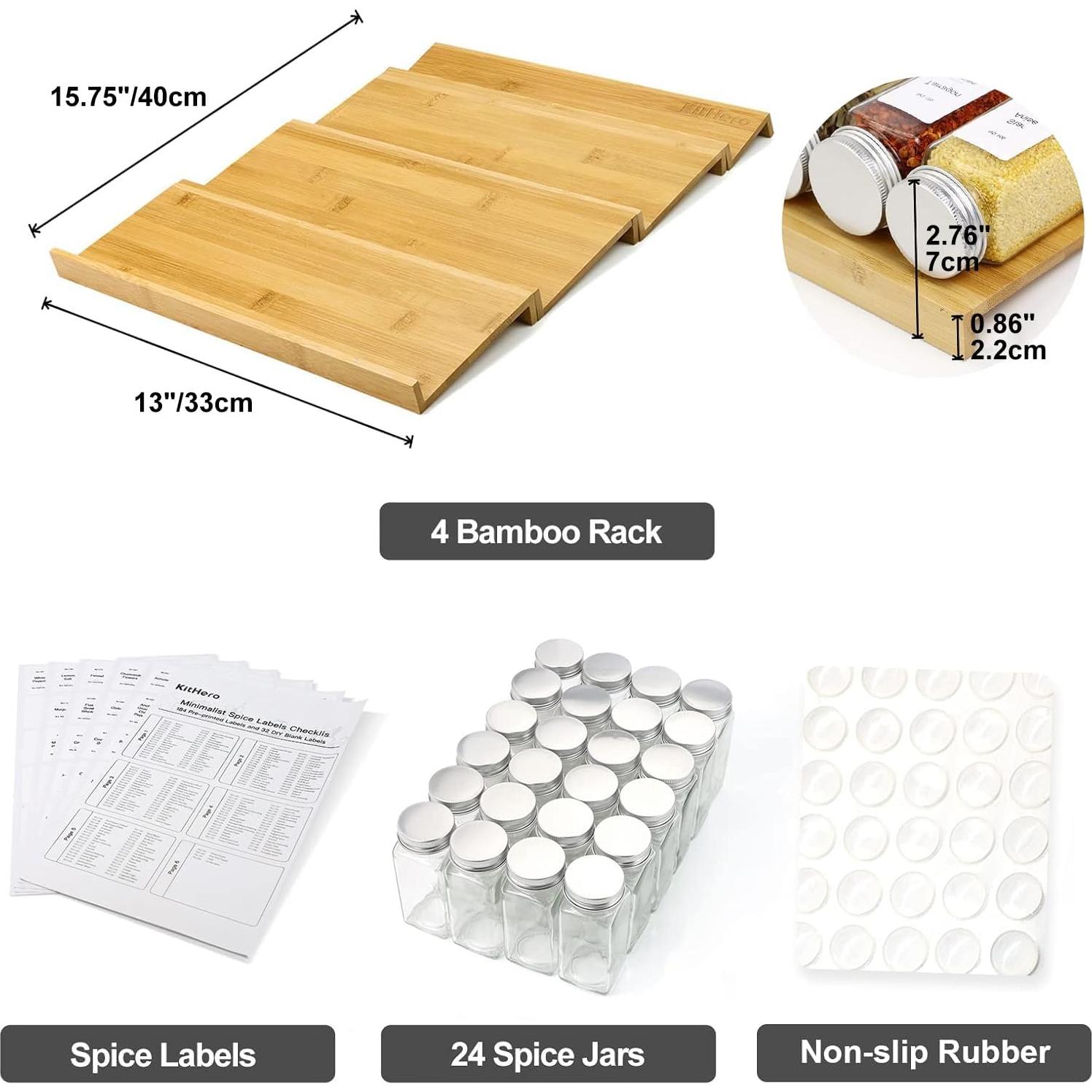 Organizador de Cajón de Especias KitHero con 24 Tarros y 216 Etiquetas