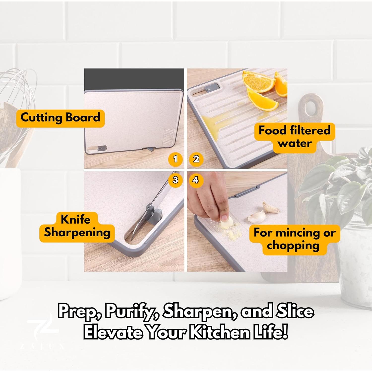 Tabla de Cortar ZAJUX 4-en-1 con Afilador y Surcos para Jugo