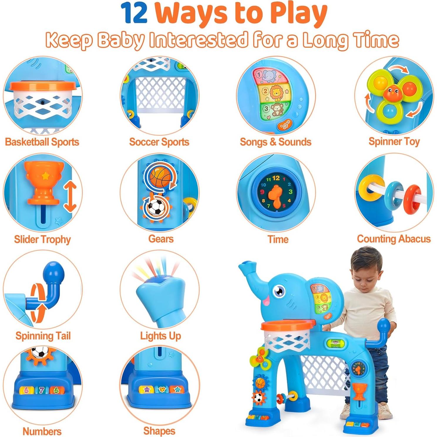 KIZZYEA Toys for 1 2 3 Years Old Boys Girls, Toddler Basketball Hoop & Soccer Goal, Montessori Toy, Interactive Musical Sports Toys with Light, Christmas Birthday Gifts for Baby Kids Age 12-18 Months