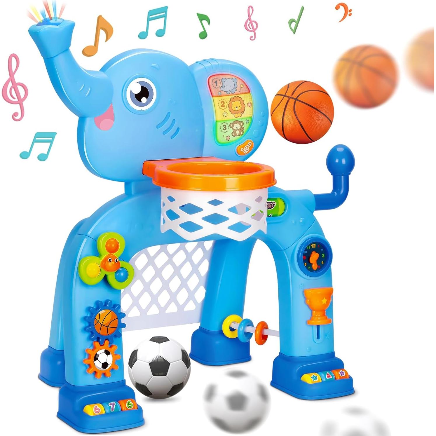 KIZZYEA Toys for 1 2 3 Years Old Boys Girls, Toddler Basketball Hoop & Soccer Goal, Montessori Toy, Interactive Musical Sports Toys with Light, Christmas Birthday Gifts for Baby Kids Age 12-18 Months