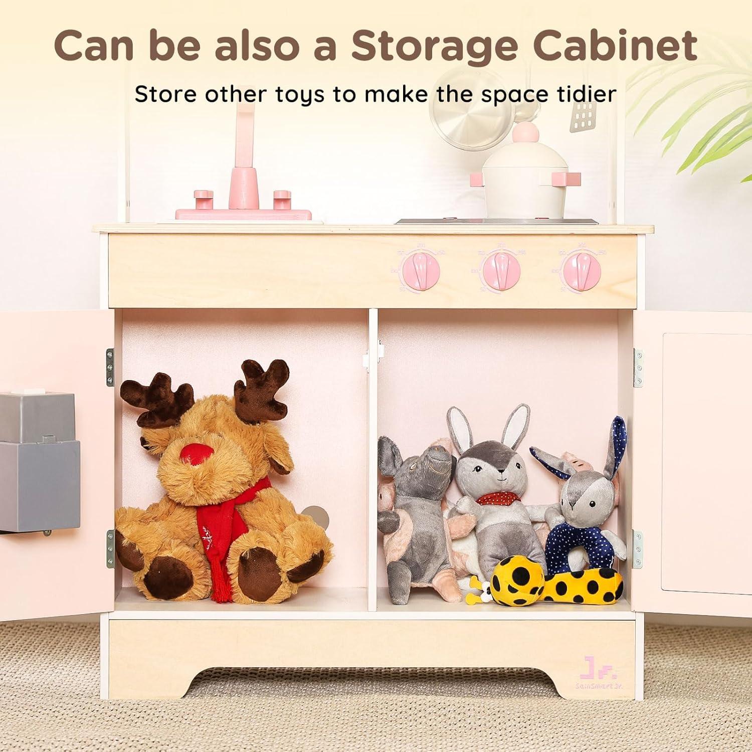 SainSmart Jr. Wooden Play Kitchen for Kids - Premium Toddler Pretend Play Cooking Set - Includes Stove, Refrigerator, and Accessories for Boys and Girls