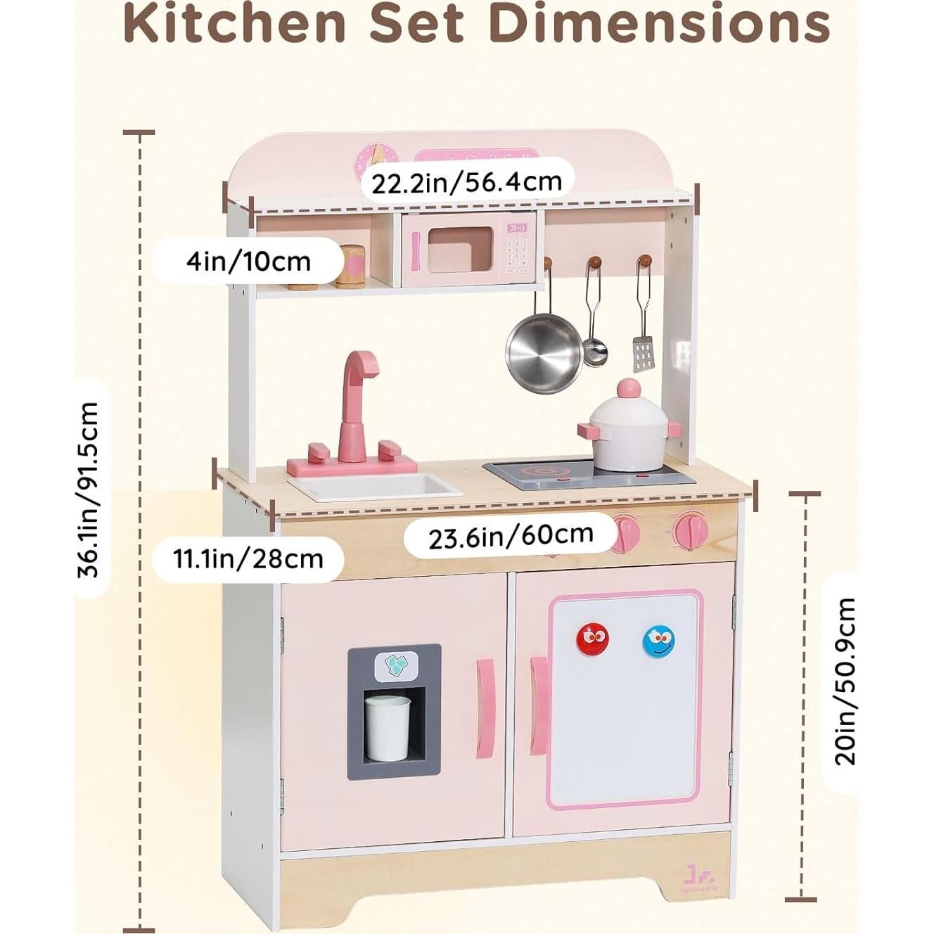 SainSmart Jr. Wooden Play Kitchen for Kids - Premium Toddler Pretend Play Cooking Set - Includes Stove, Refrigerator, and Accessories for Boys and Girls